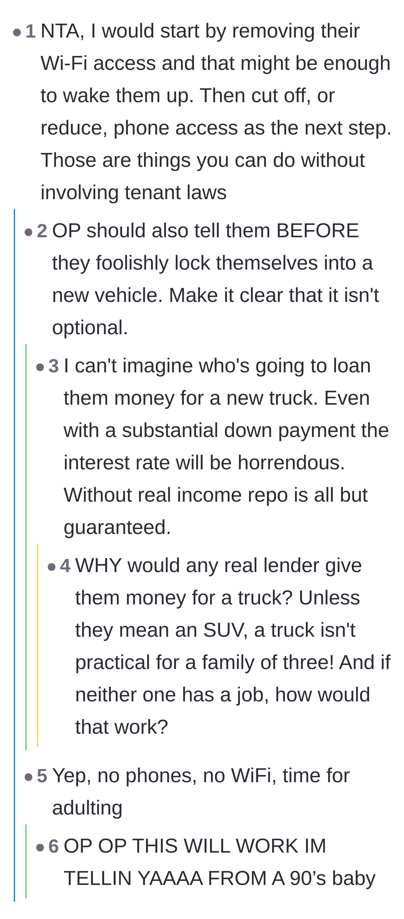 Comment thread 4 - Tactical advice on cutting off non-essential utilities like Wi-Fi and the absurdity of unemployed people getting auto loans.