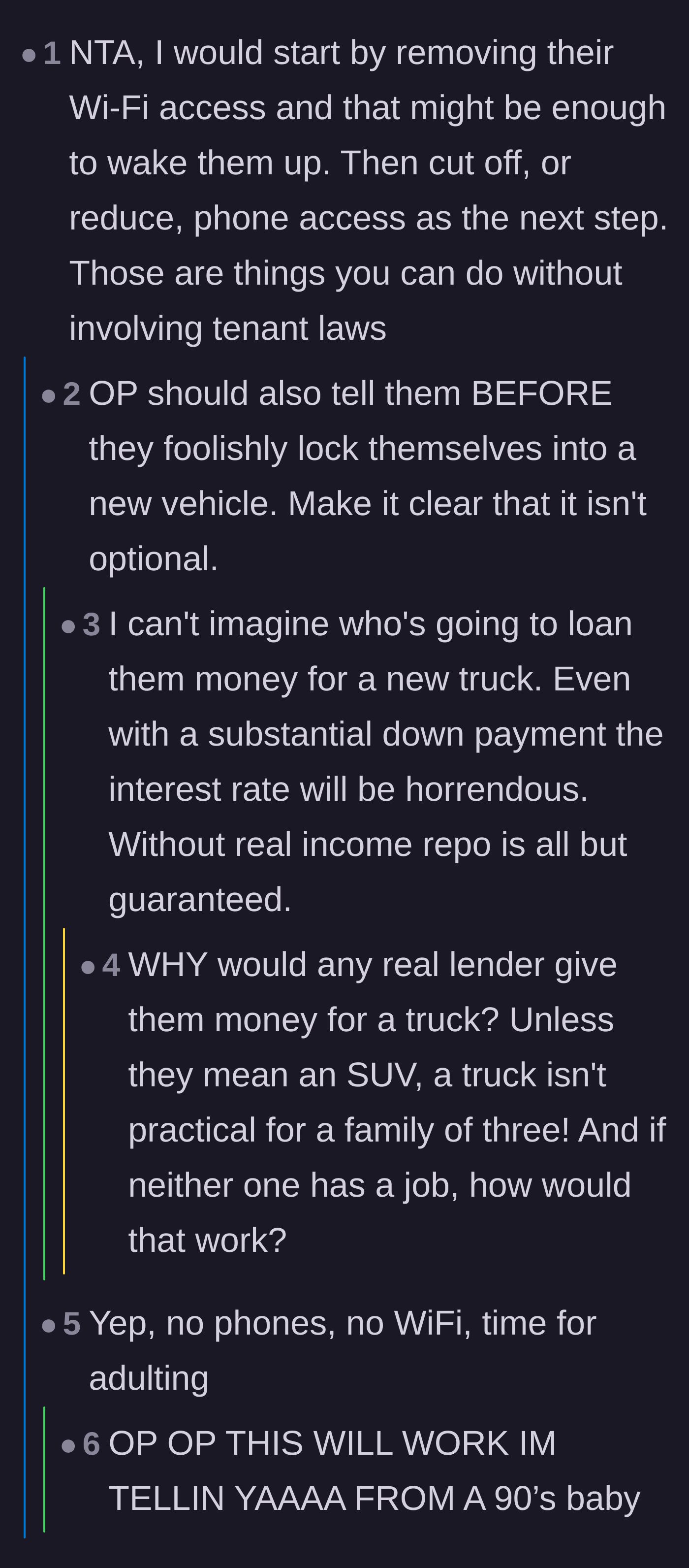 Comment thread 4 - Tactical advice on cutting off non-essential utilities like Wi-Fi and the absurdity of unemployed people getting auto loans.