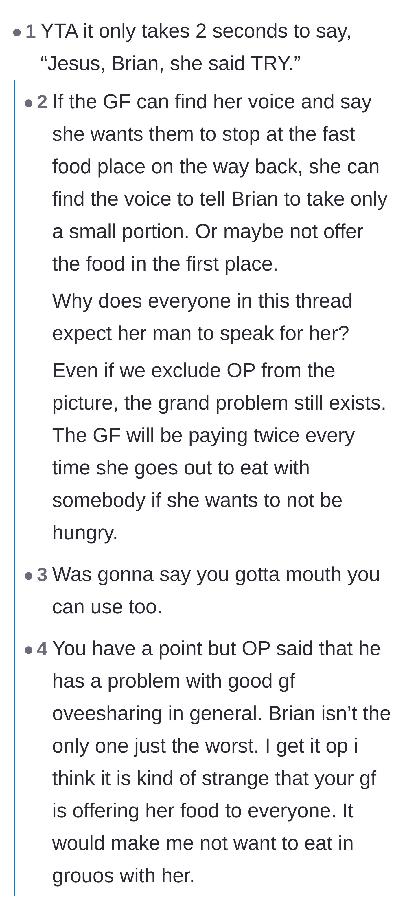 Comment thread 1 - Debate over why the boyfriend is expected to speak for his grown girlfriend while paying for the shared food.
