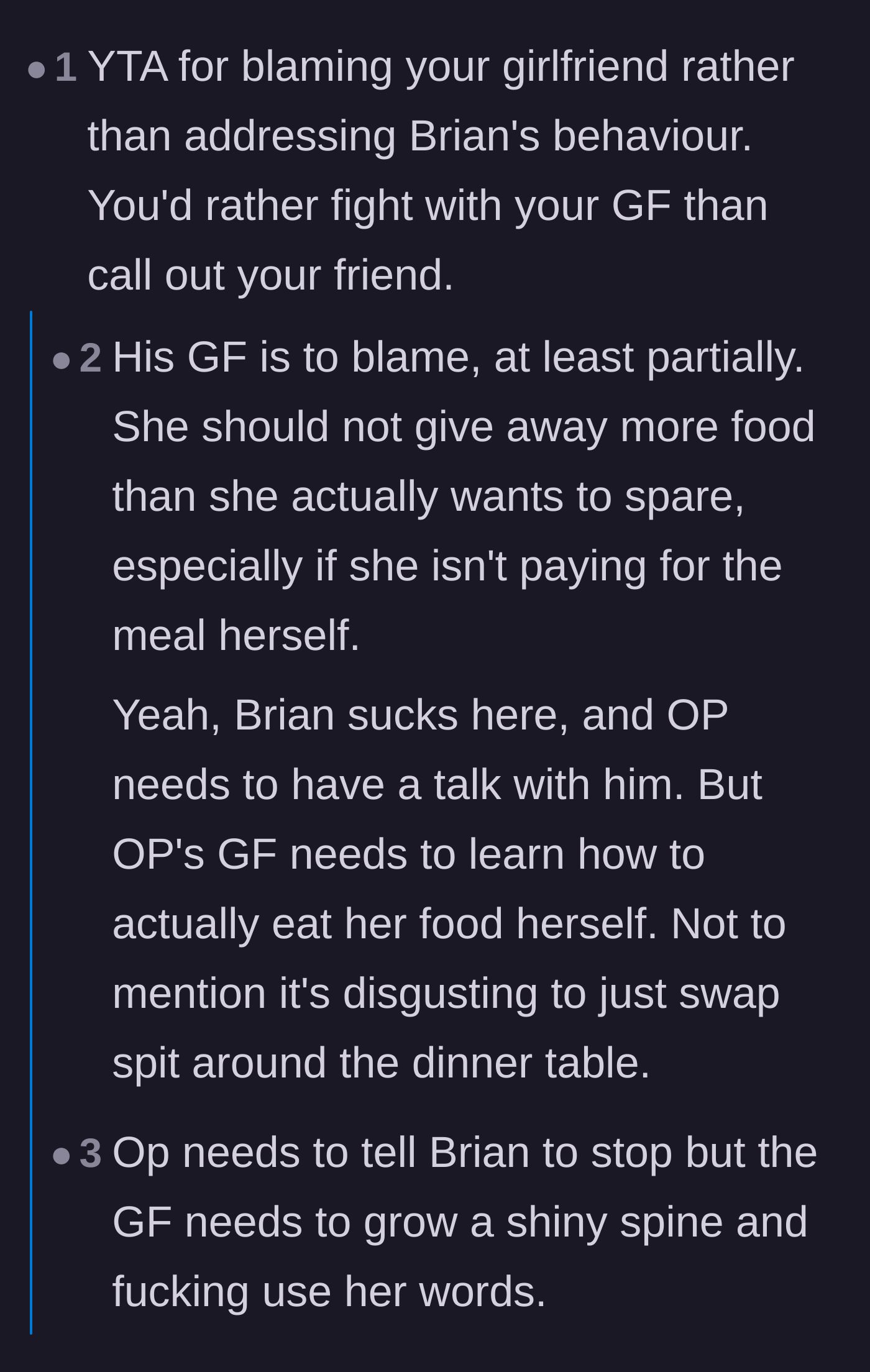 Comment thread 2 - Discussion holding both the girlfriend for offering unprompted and the boyfriend for not confronting his friend accountable.