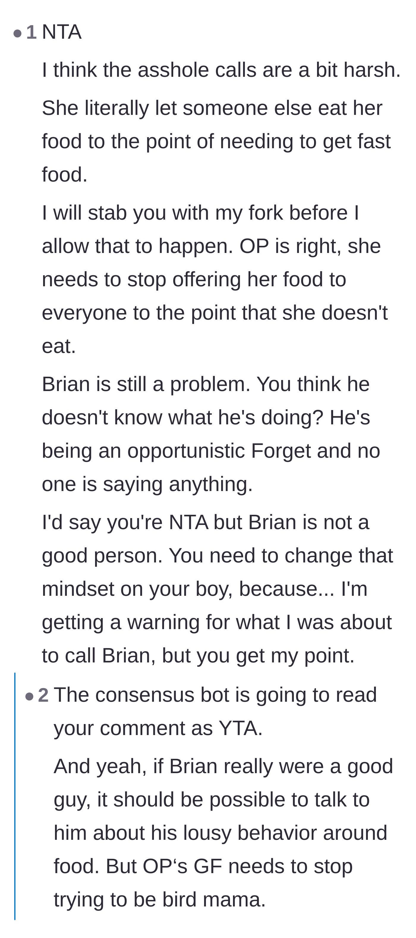 Comment thread 4 - Agreement that the girlfriend is disrespecting her partner's finances by giving away the food he purchased.