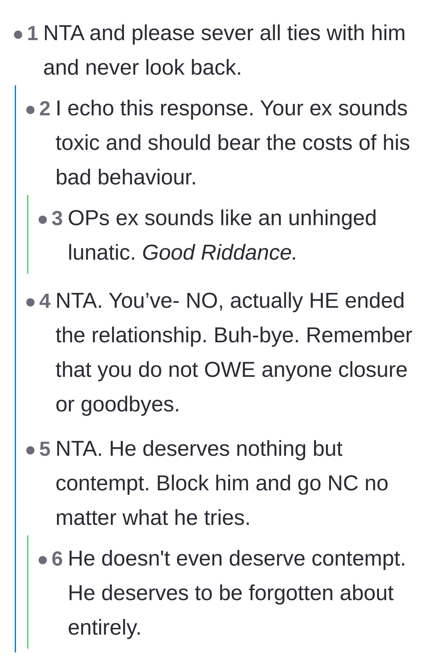 Comment thread 1 - Commenters urging the main character to permanently cut ties and highlighting the ex's toxic behavior.