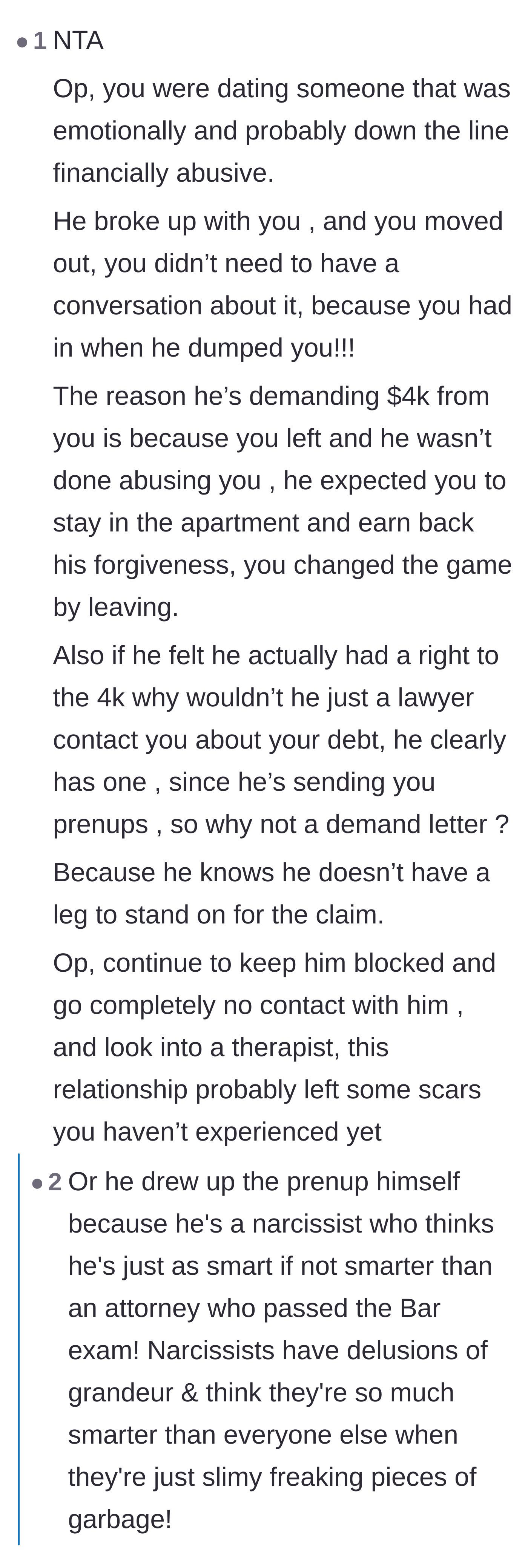 Comment thread 3 - A detailed analysis of the ex's manipulation tactics, phantom debt, and the logistics of the canceled lease.