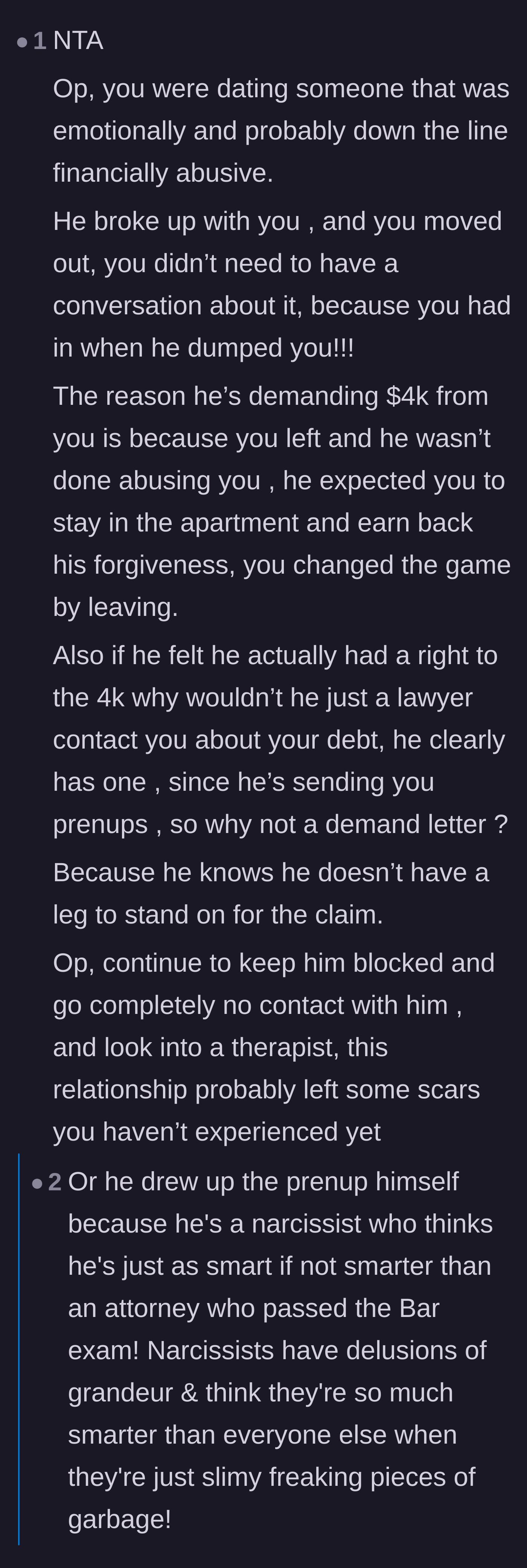Comment thread 3 - A detailed analysis of the ex's manipulation tactics, phantom debt, and the logistics of the canceled lease.