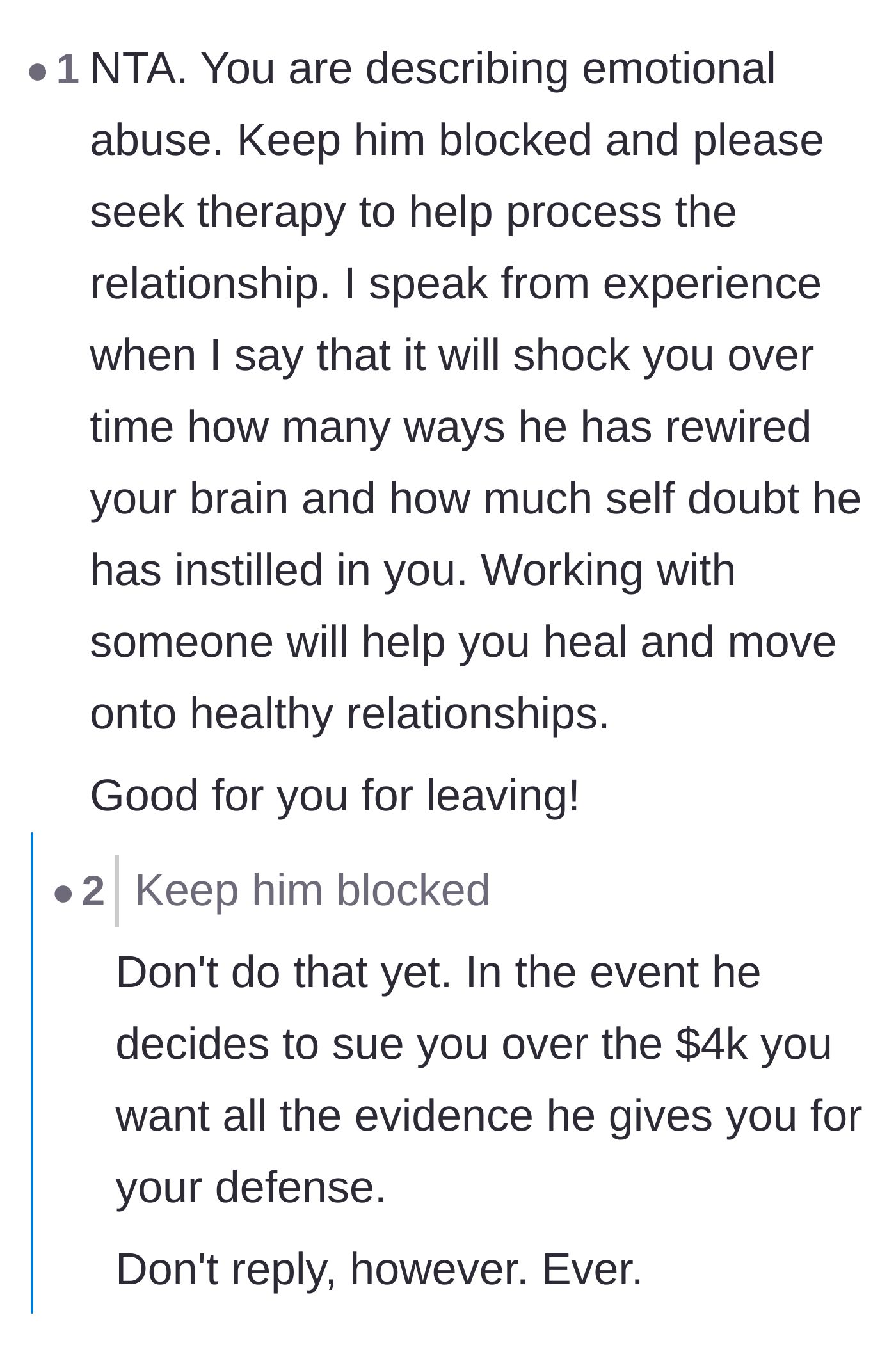 Comment thread 4 - Advice on seeking therapy for emotional abuse and strategic tips on gathering evidence.