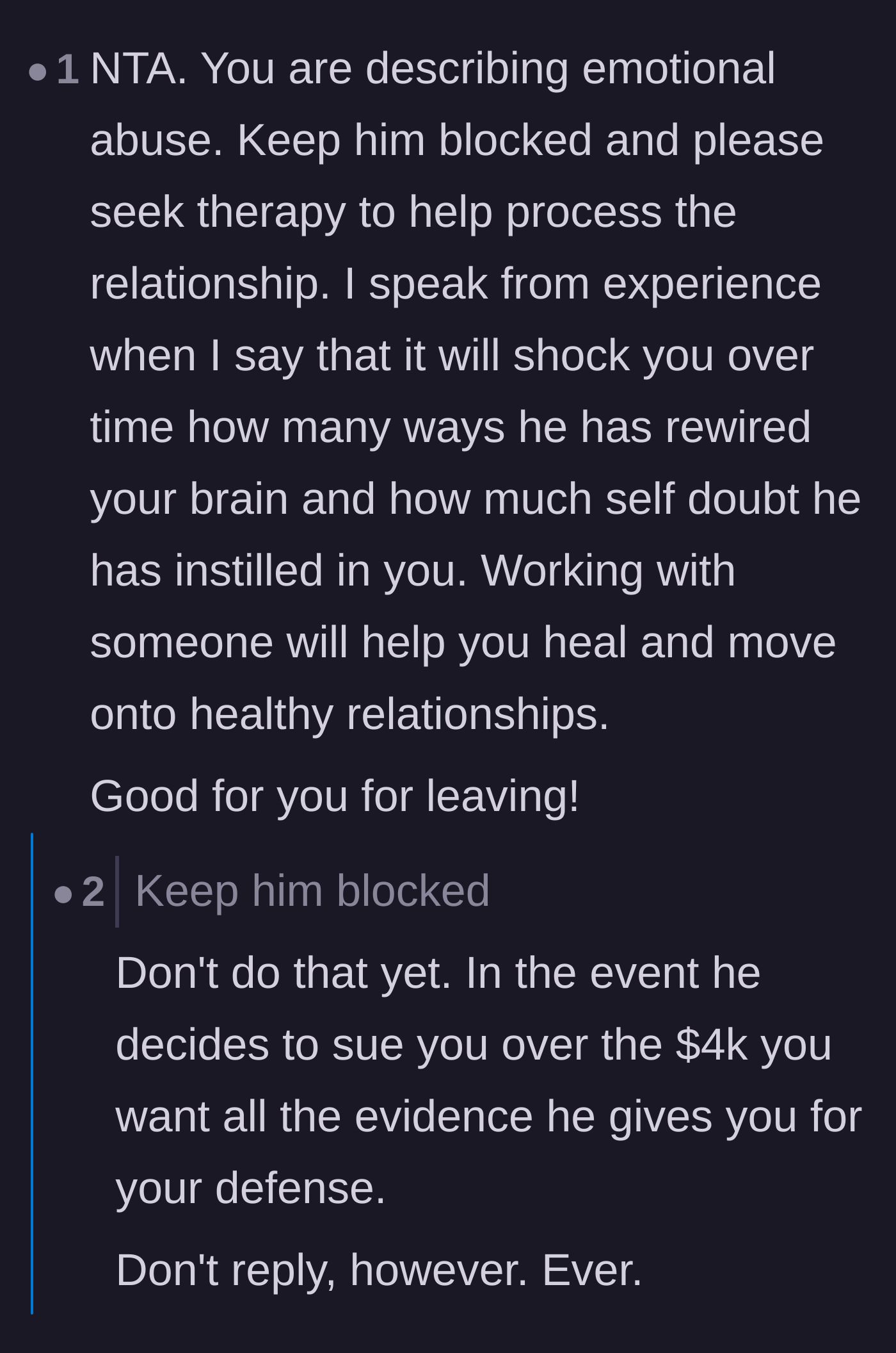Comment thread 4 - Advice on seeking therapy for emotional abuse and strategic tips on gathering evidence.