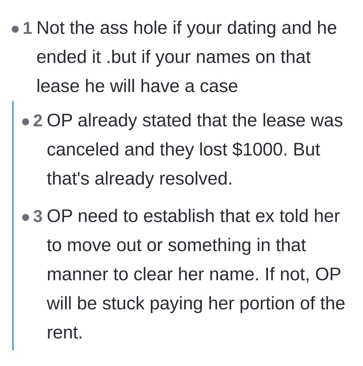 Comment thread 6 - A practical discussion about lease liability and ensuring her name is legally cleared from the contract.