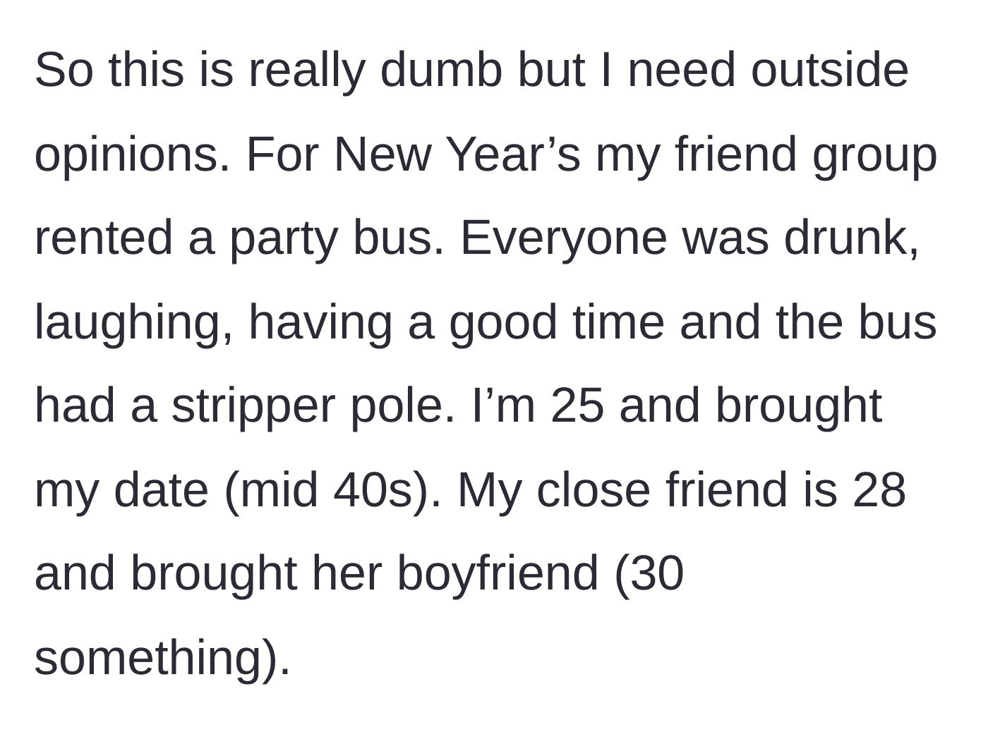 Story part 1 - A group of friends renting a New Year's Eve party bus equipped with a stripper pole.