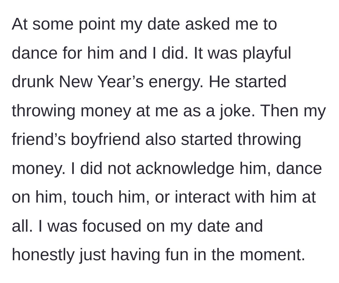 Story part 2 - The main character dancing playfully for her date while he and her friend's boyfriend throw money at her.
