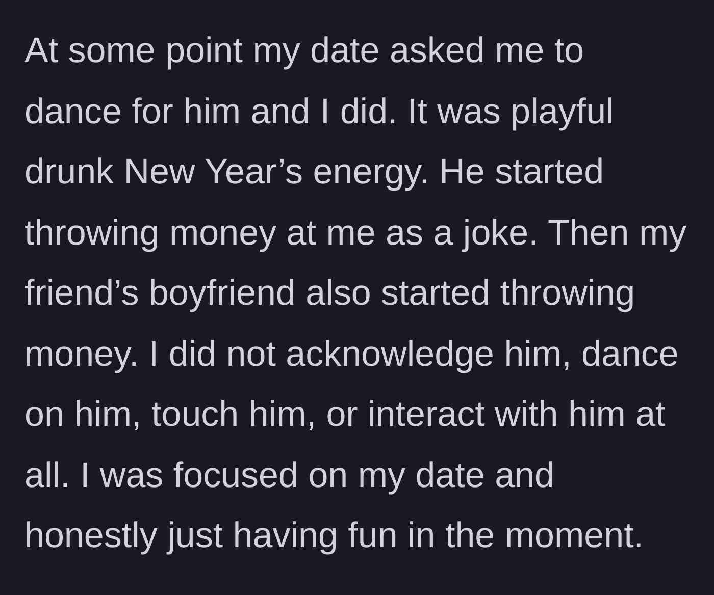 Story part 2 - The main character dancing playfully for her date while he and her friend's boyfriend throw money at her.