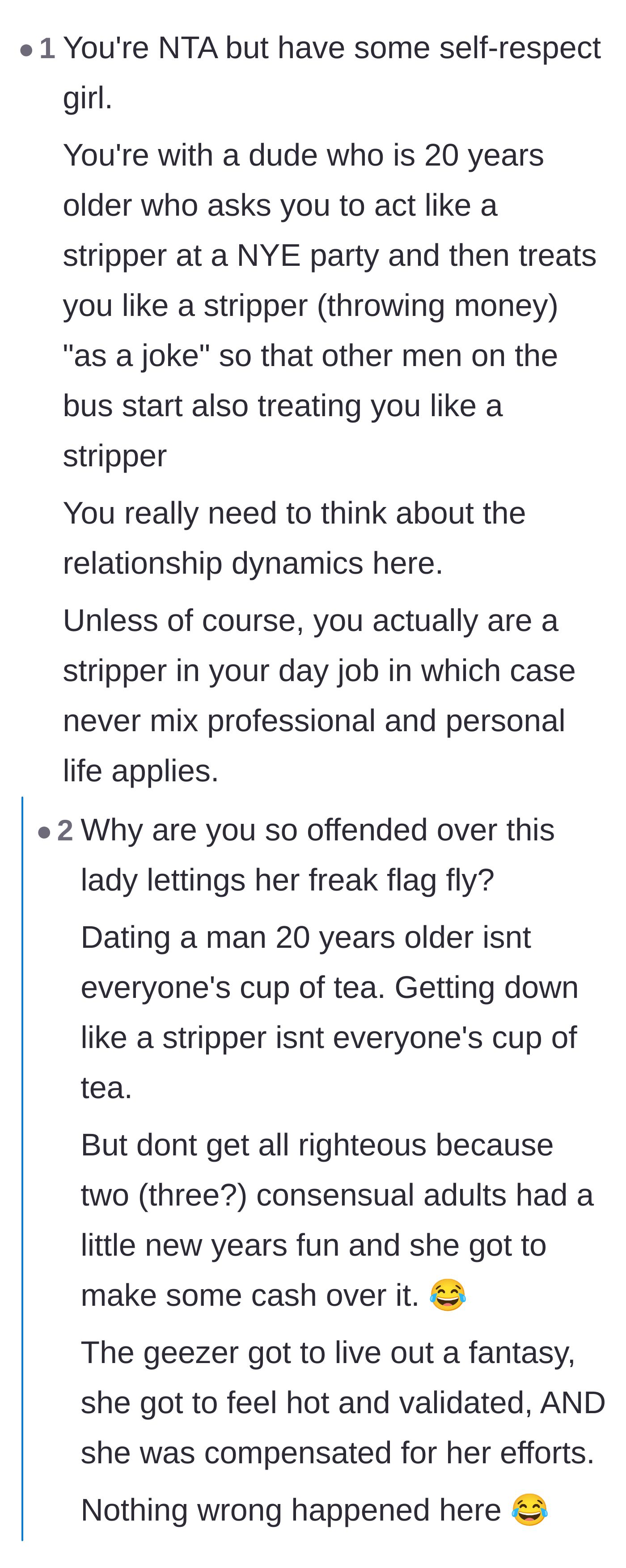Comment thread 4 - Arguments over whether the main character lacked self-respect or was just having fun as a consenting adult.