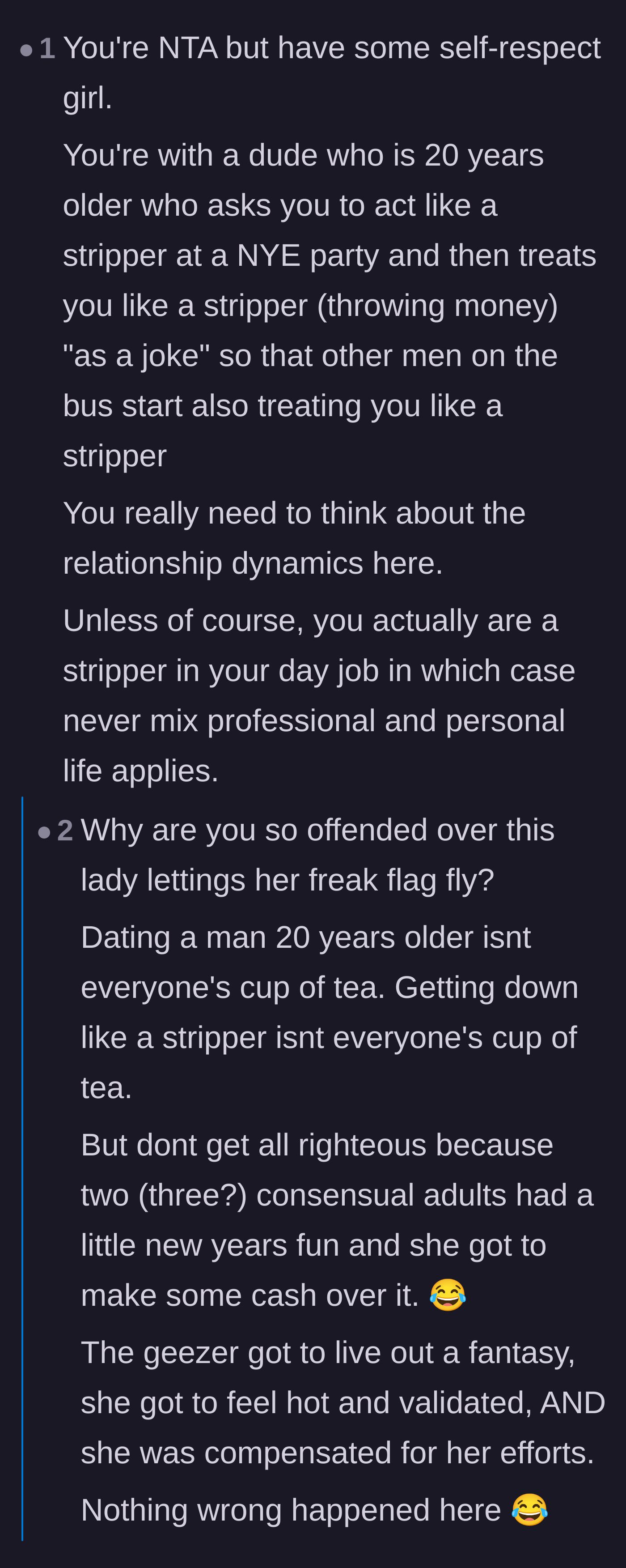 Comment thread 4 - Arguments over whether the main character lacked self-respect or was just having fun as a consenting adult.