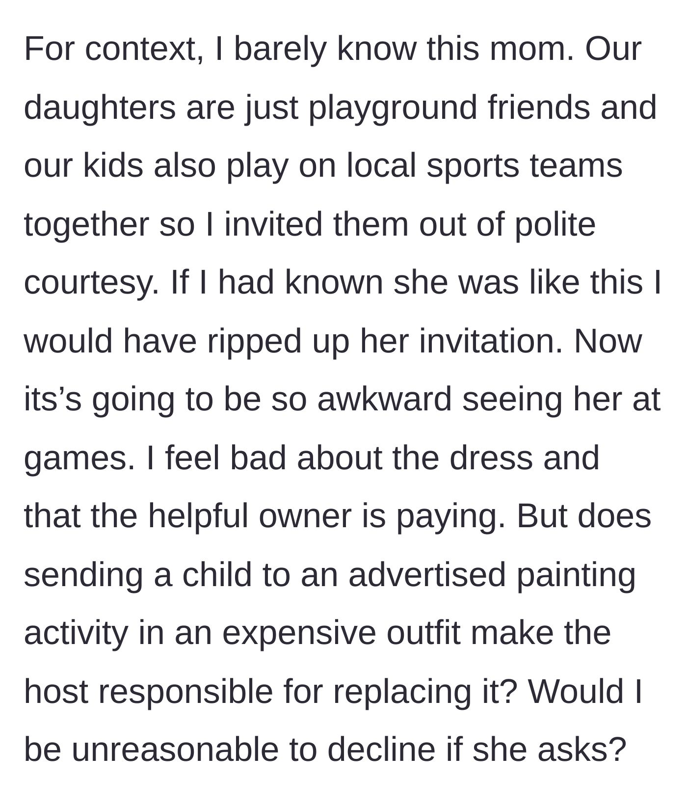 Story part 6 - The host explains she barely knows this mother from kids' sports and asks if she would be wrong to refuse to pay for the other half of the dress.