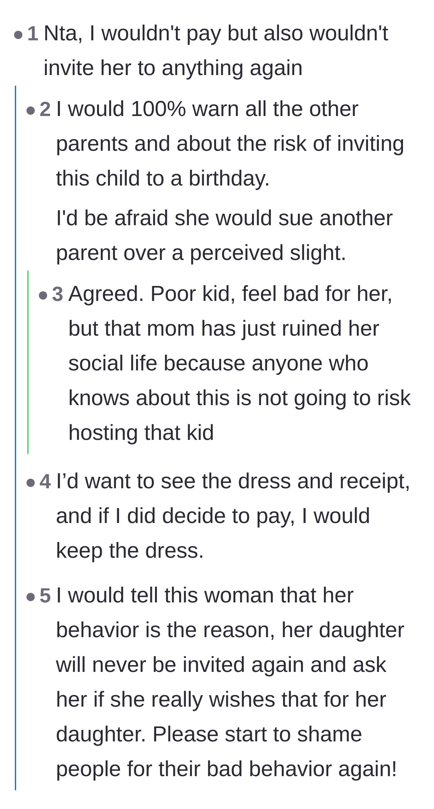 Comment thread 1 - Discussing how the mother's entitled behavior will ruin her daughter's social life and get her blacklisted from future birthday parties