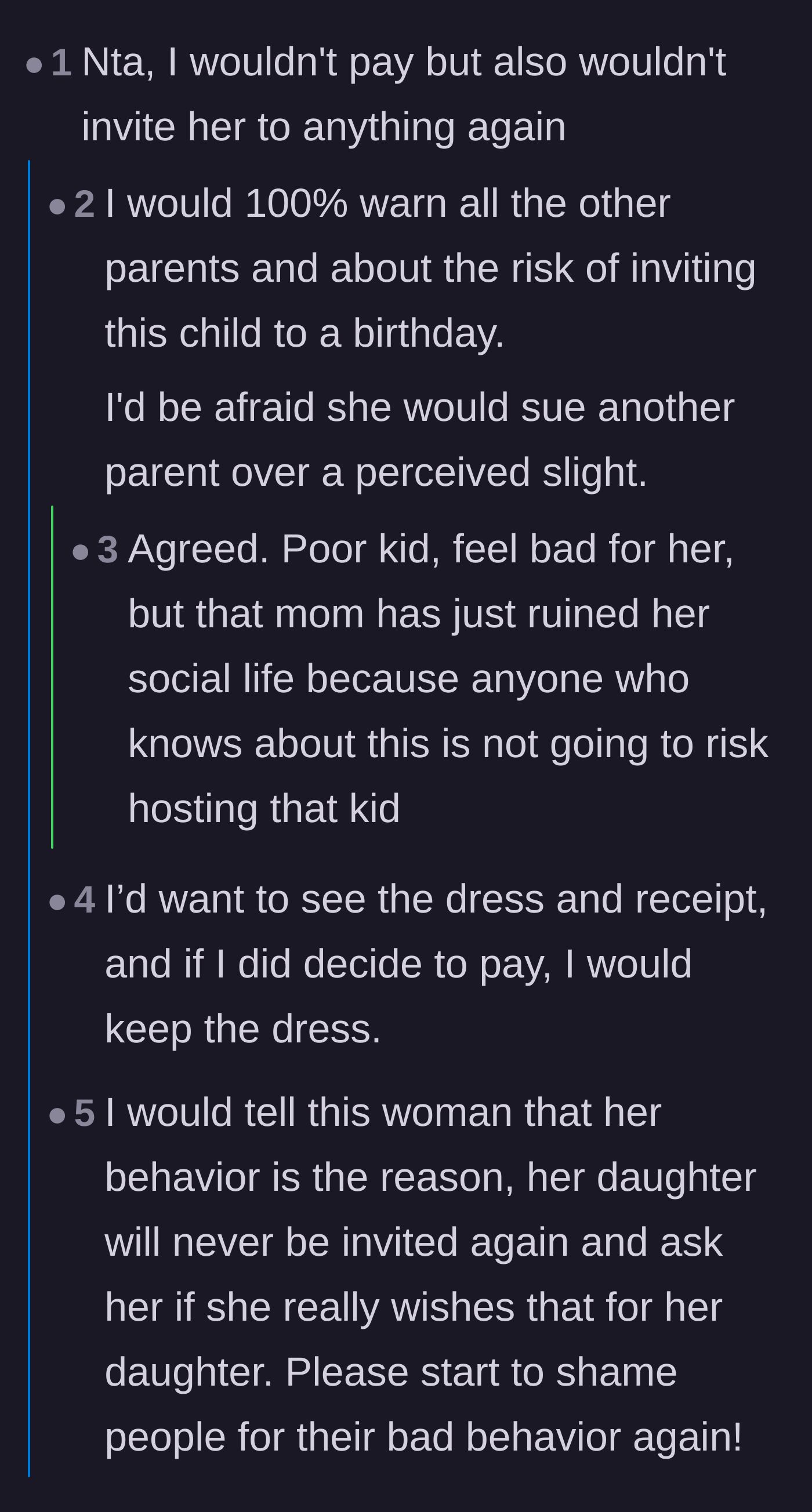 Comment thread 1 - Discussing how the mother's entitled behavior will ruin her daughter's social life and get her blacklisted from future birthday parties