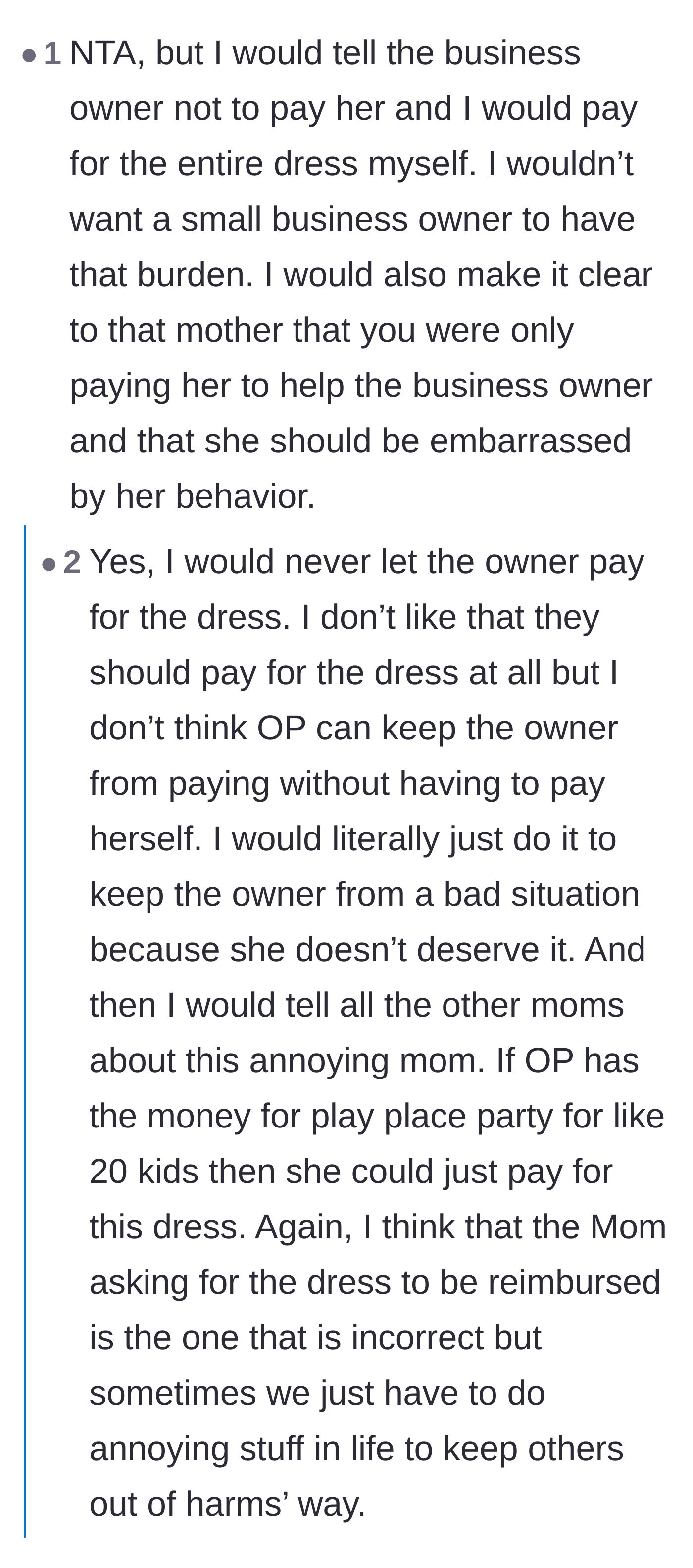 Comment thread 4 - Debating whether the host should pay for the dress just to save the small business owner from taking a financial hit