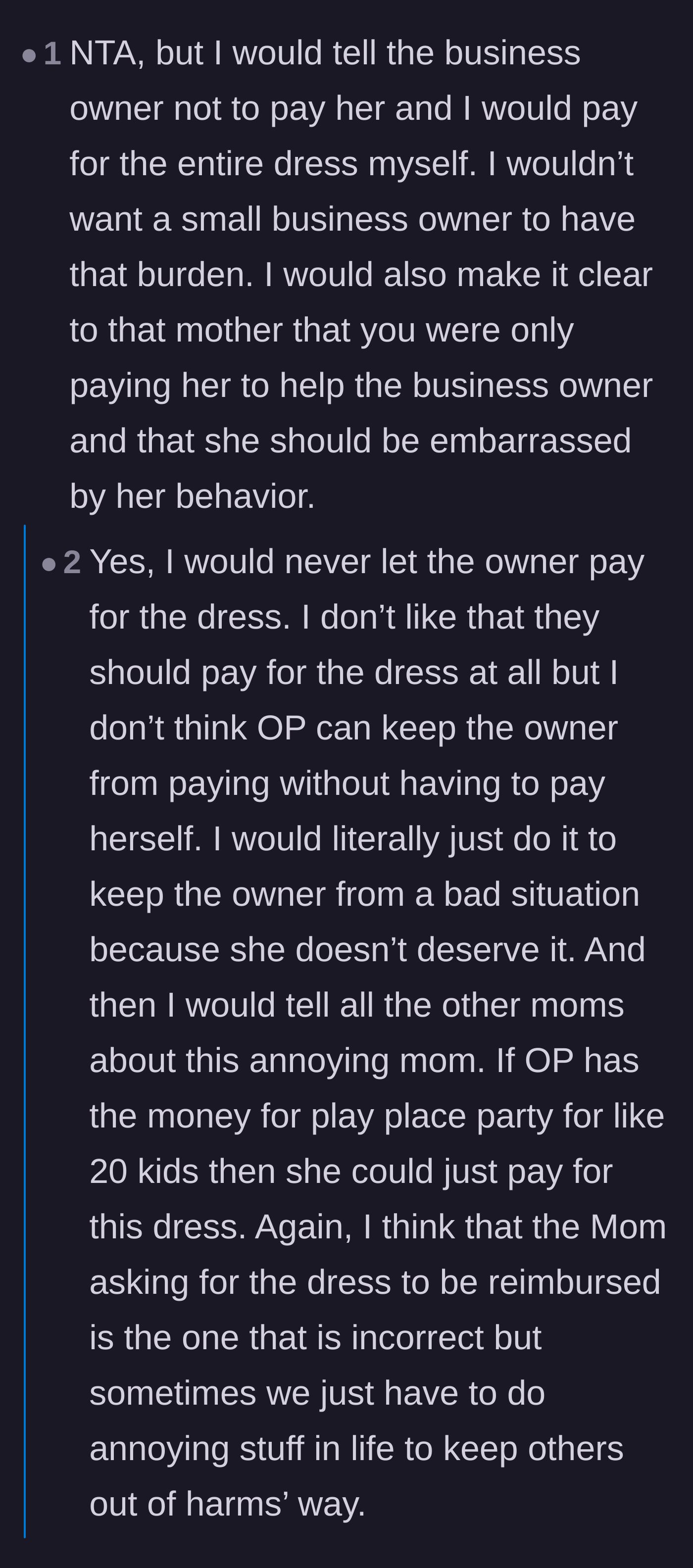 Comment thread 4 - Debating whether the host should pay for the dress just to save the small business owner from taking a financial hit
