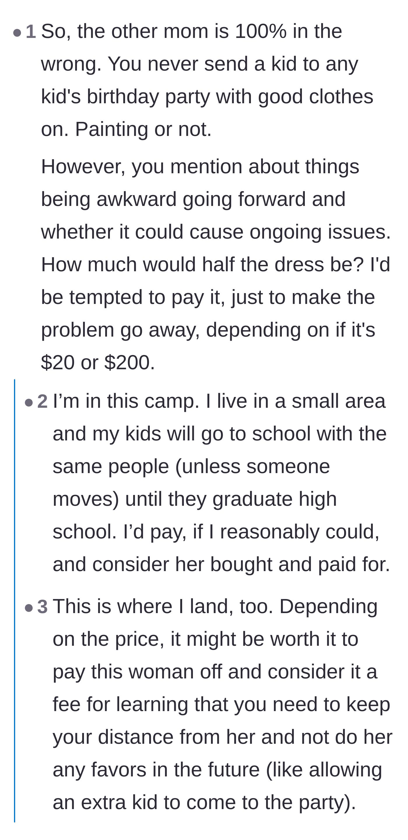 Comment thread 5 - Weighing the pros and cons of paying the mother just to make the small-town drama go away