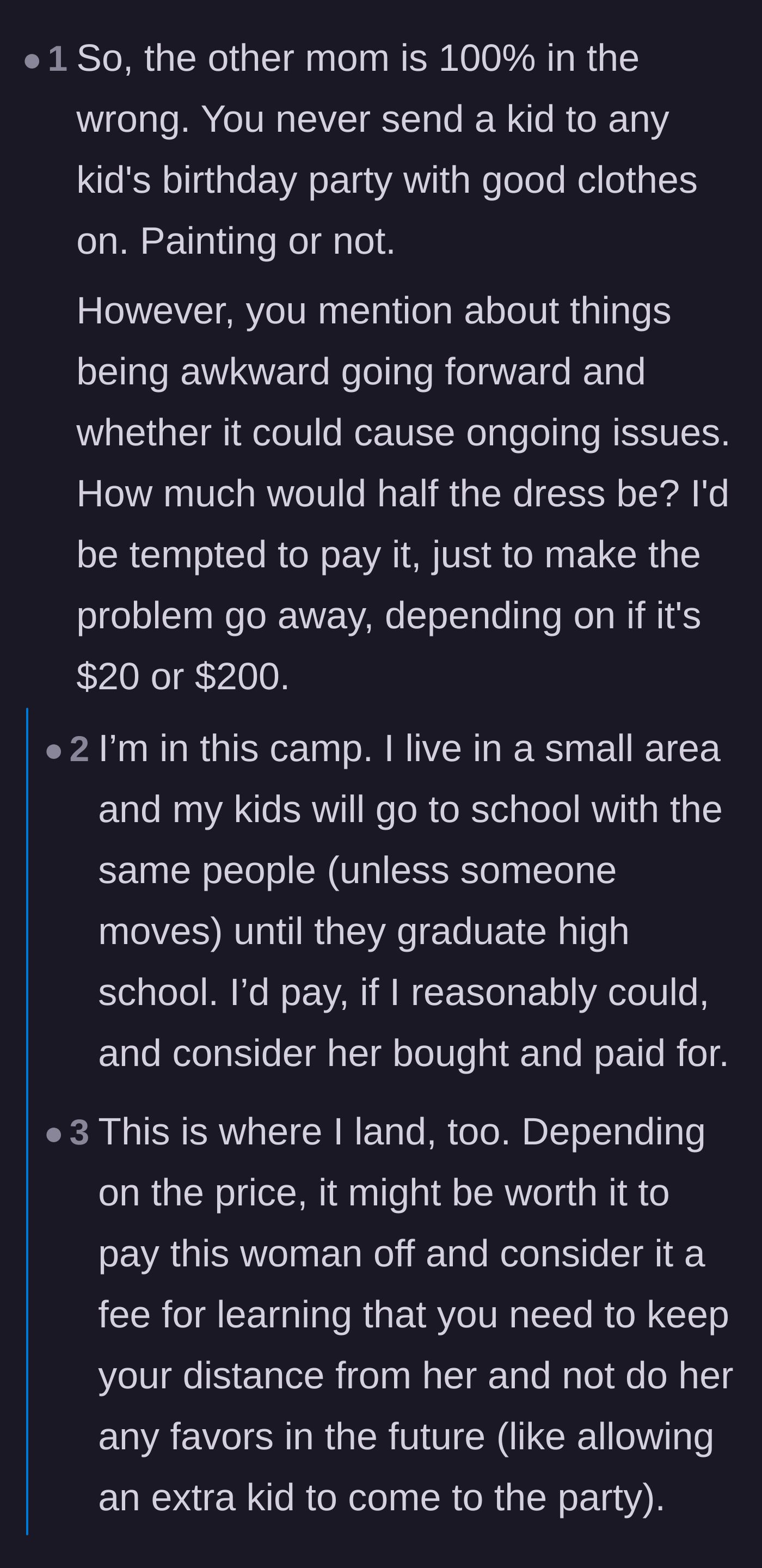 Comment thread 5 - Weighing the pros and cons of paying the mother just to make the small-town drama go away