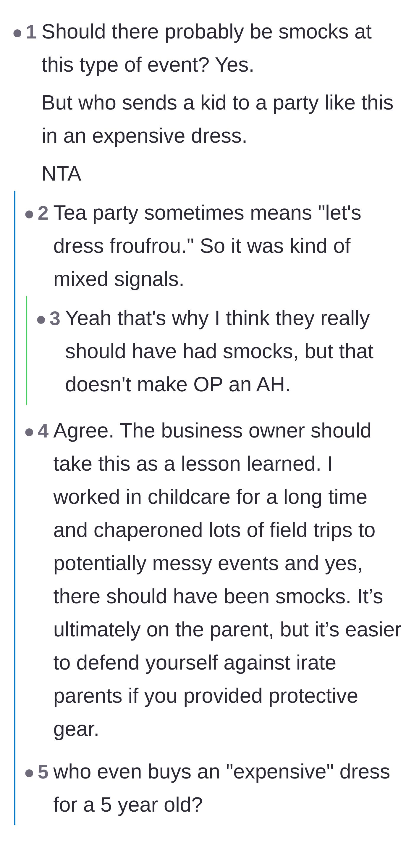 Comment thread 6 - Pointing out that combining a fancy tea party theme with painting sends mixed signals and requires smocks