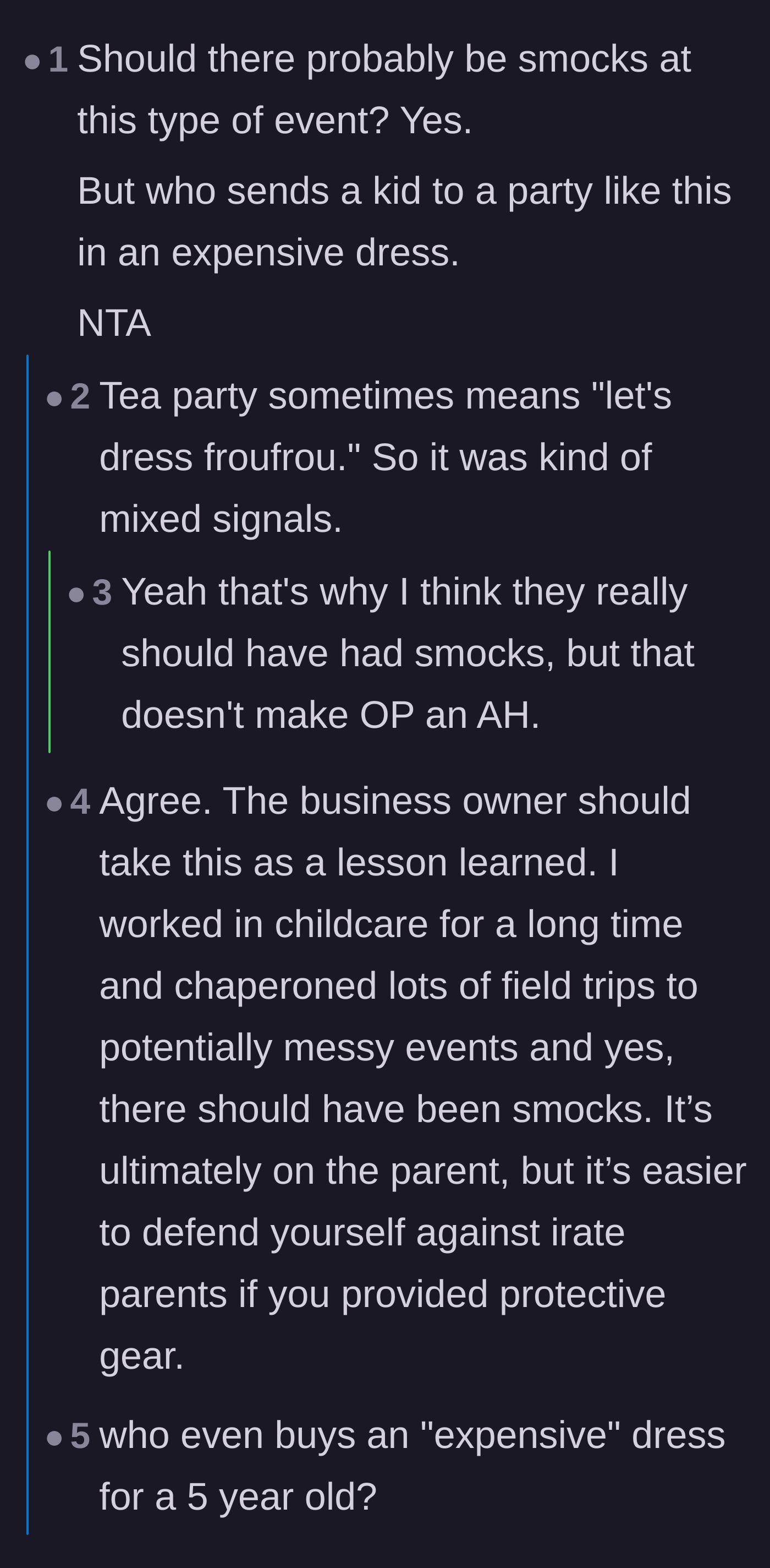Comment thread 6 - Pointing out that combining a fancy tea party theme with painting sends mixed signals and requires smocks