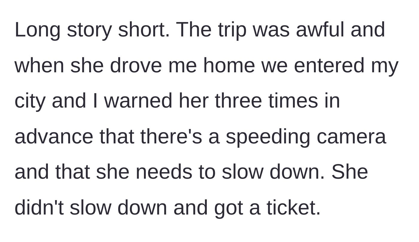 Story part 2 - The author describes the awful road trip and how Sarah ignored three separate warnings about a city speeding camera.