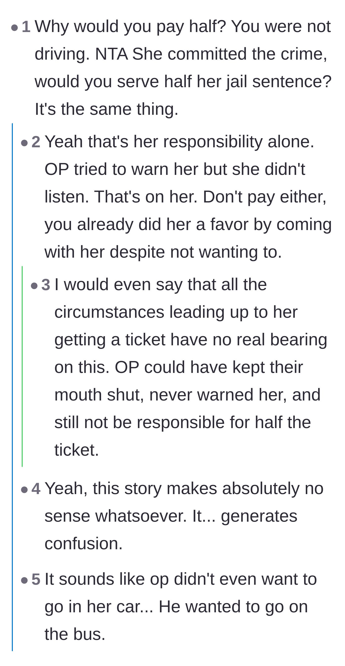 Comment thread 1 - Comparing splitting a speeding ticket to splitting a jail sentence and discussing passenger responsibilities