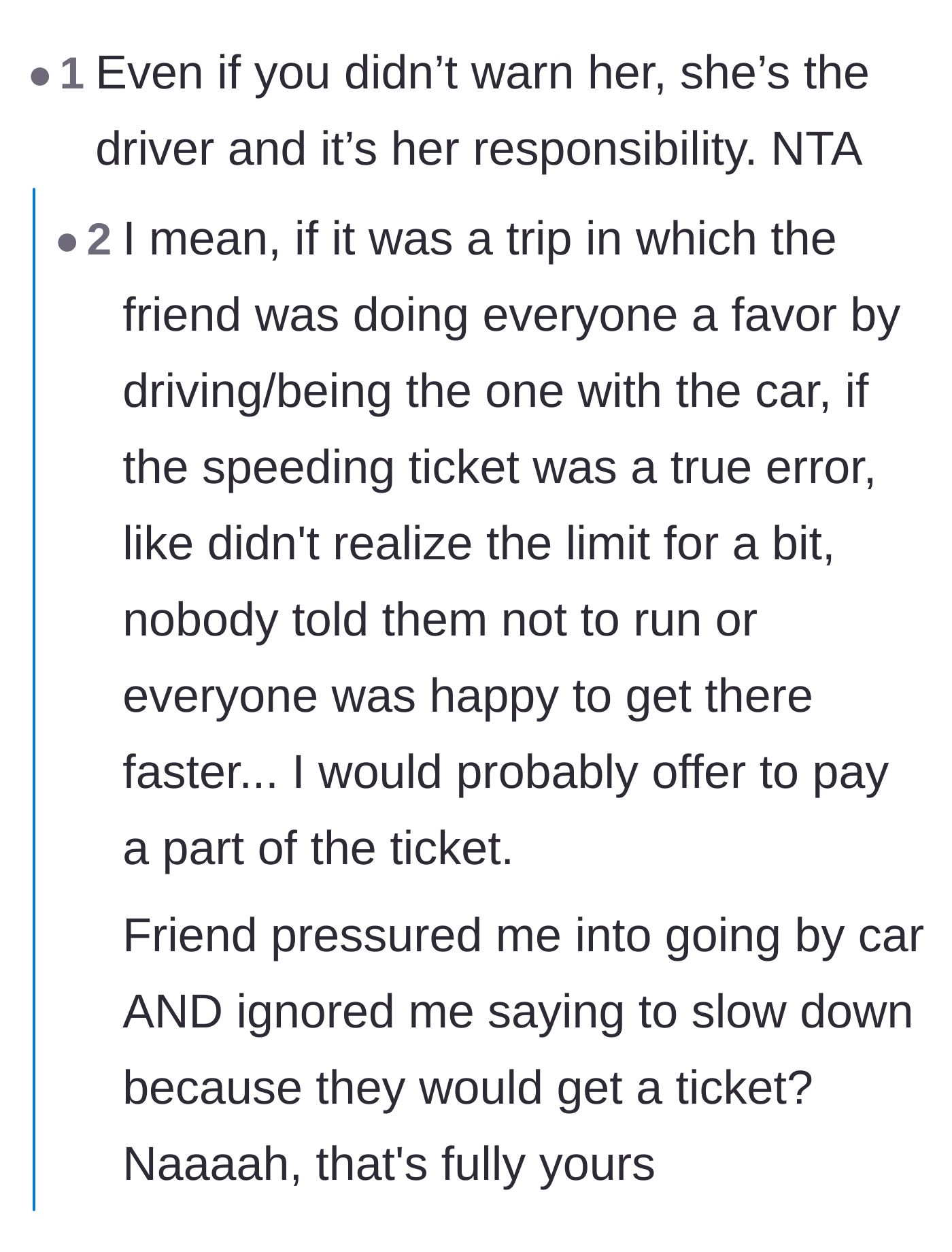Comment thread 2 - Debating when it is acceptable to help pay a driver's ticket versus being held hostage by a reckless driver