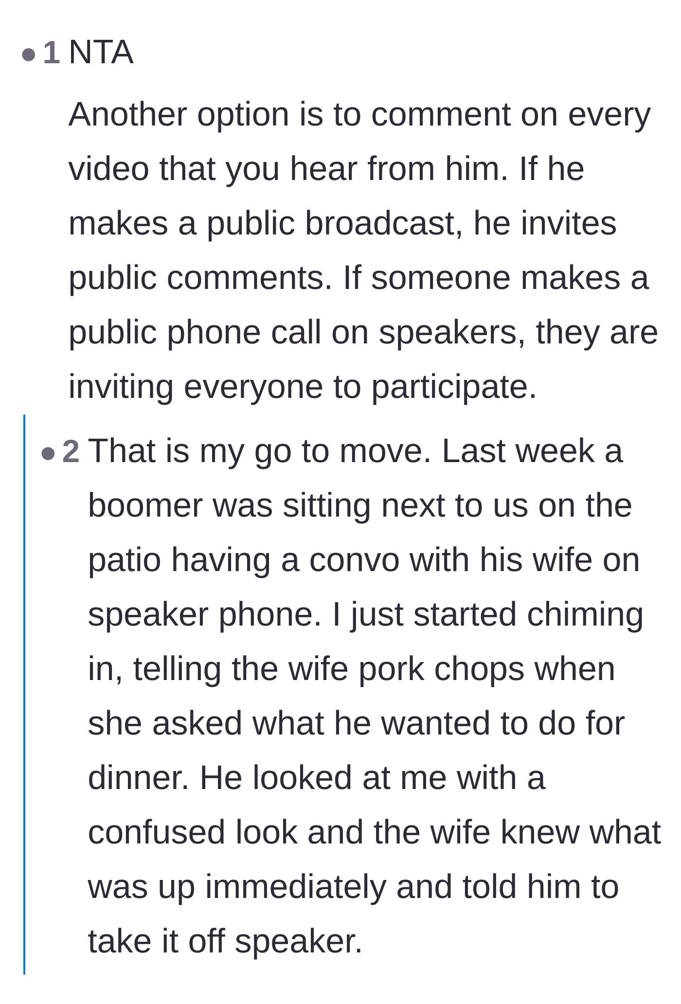 Comment thread 2 - Users sharing hilarious stories about loudly participating in strangers' public speakerphone calls.