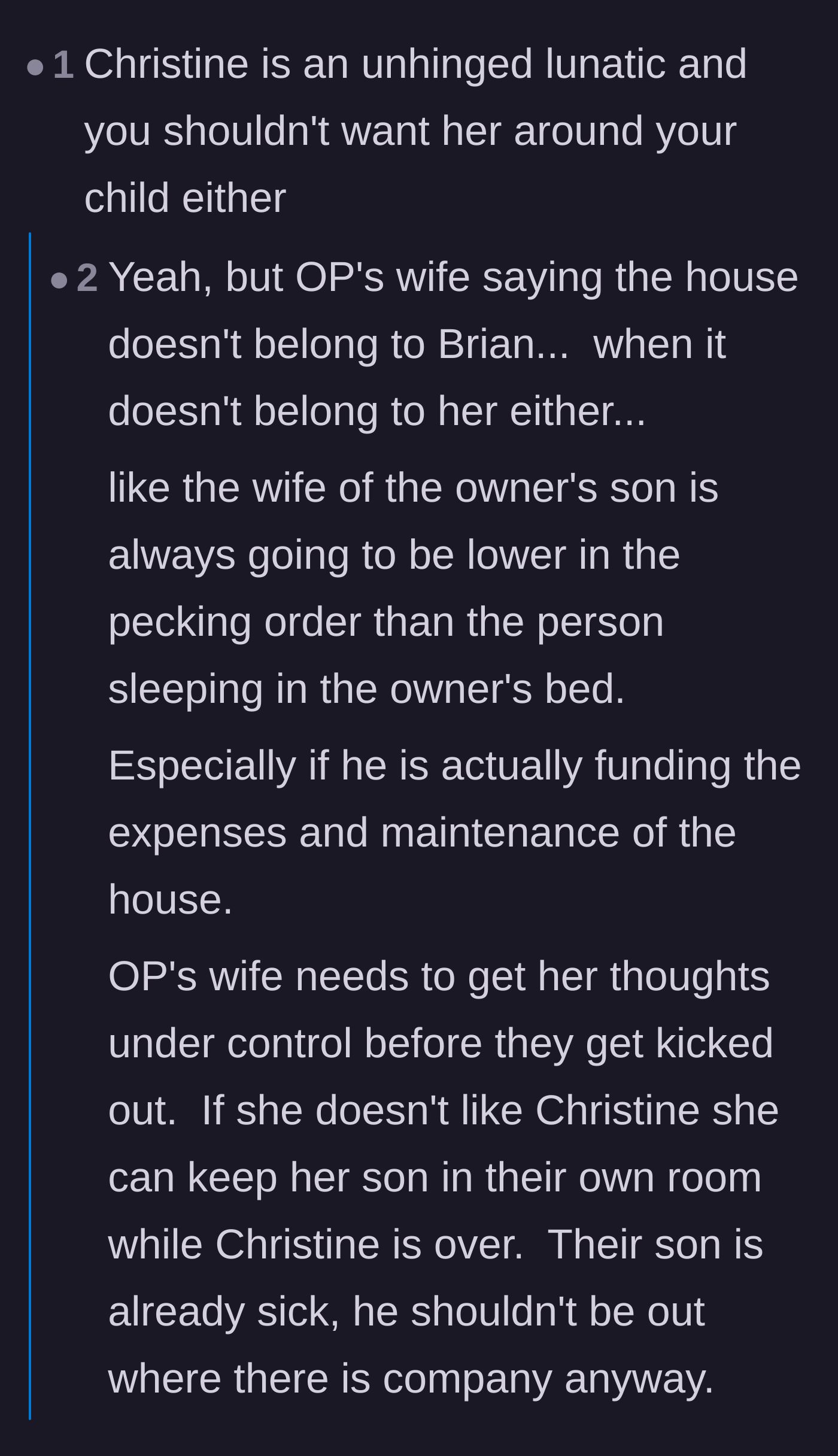 Comment thread 3 - A discussion about the household pecking order and the terrifying germ implications of Christine's habits.