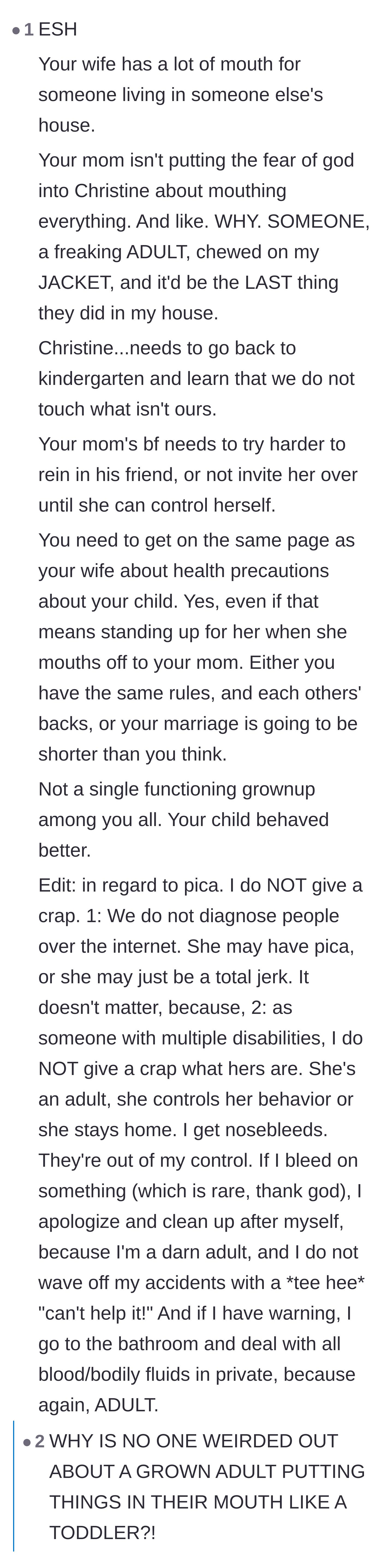 Comment thread 5 - A rant about the wife's audacity and why potential medical conditions don't excuse Christine's lack of boundaries.