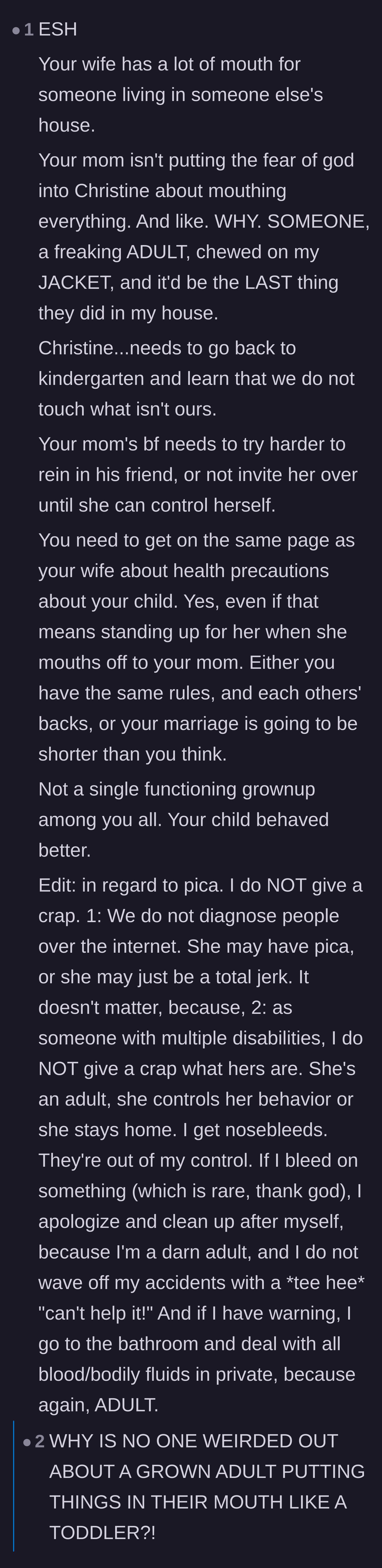 Comment thread 5 - A rant about the wife's audacity and why potential medical conditions don't excuse Christine's lack of boundaries.