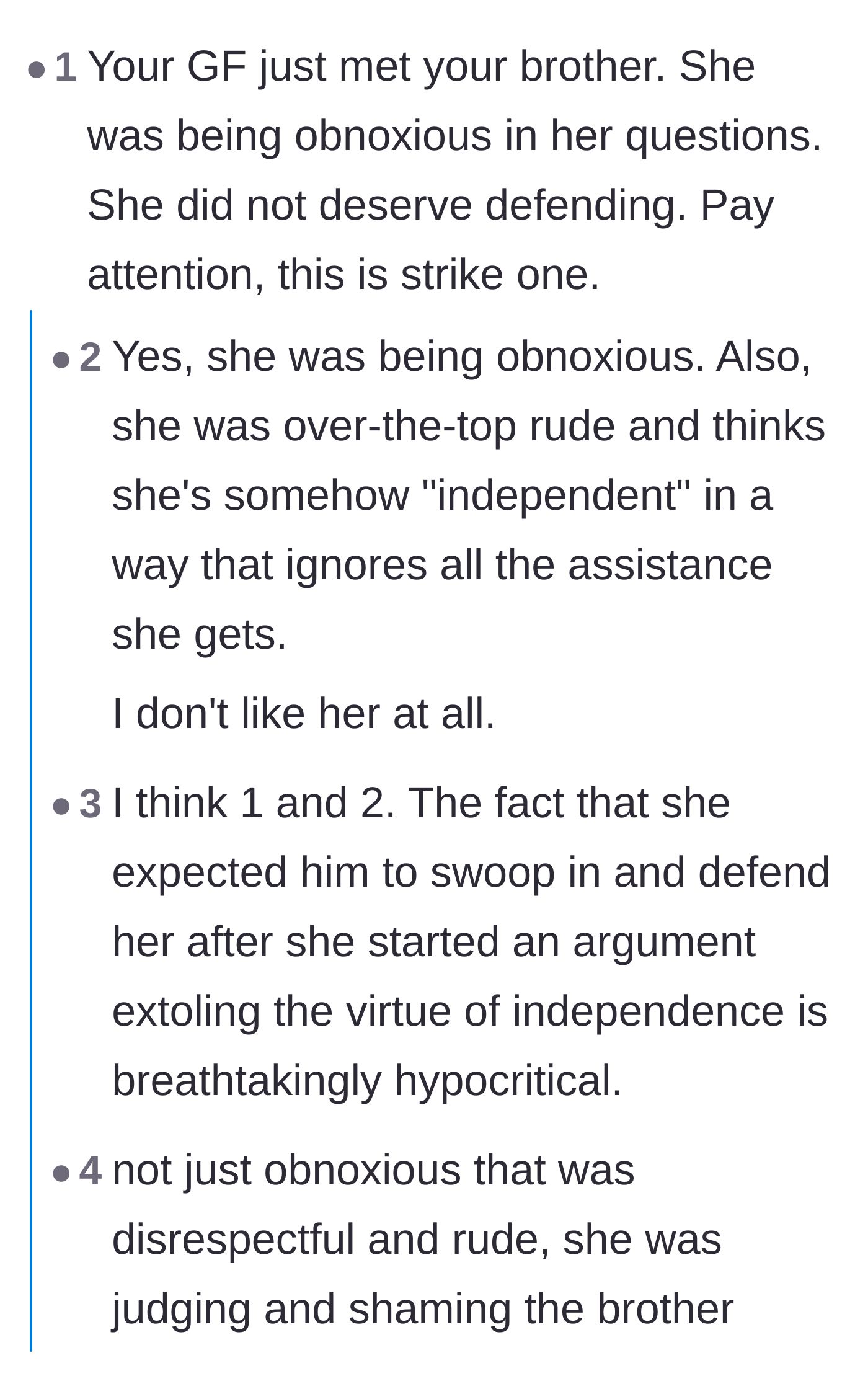 Comment thread 3 - Commenters analyzing the girlfriend's flawed definition of independence and noting that humanity thrives on social support systems.