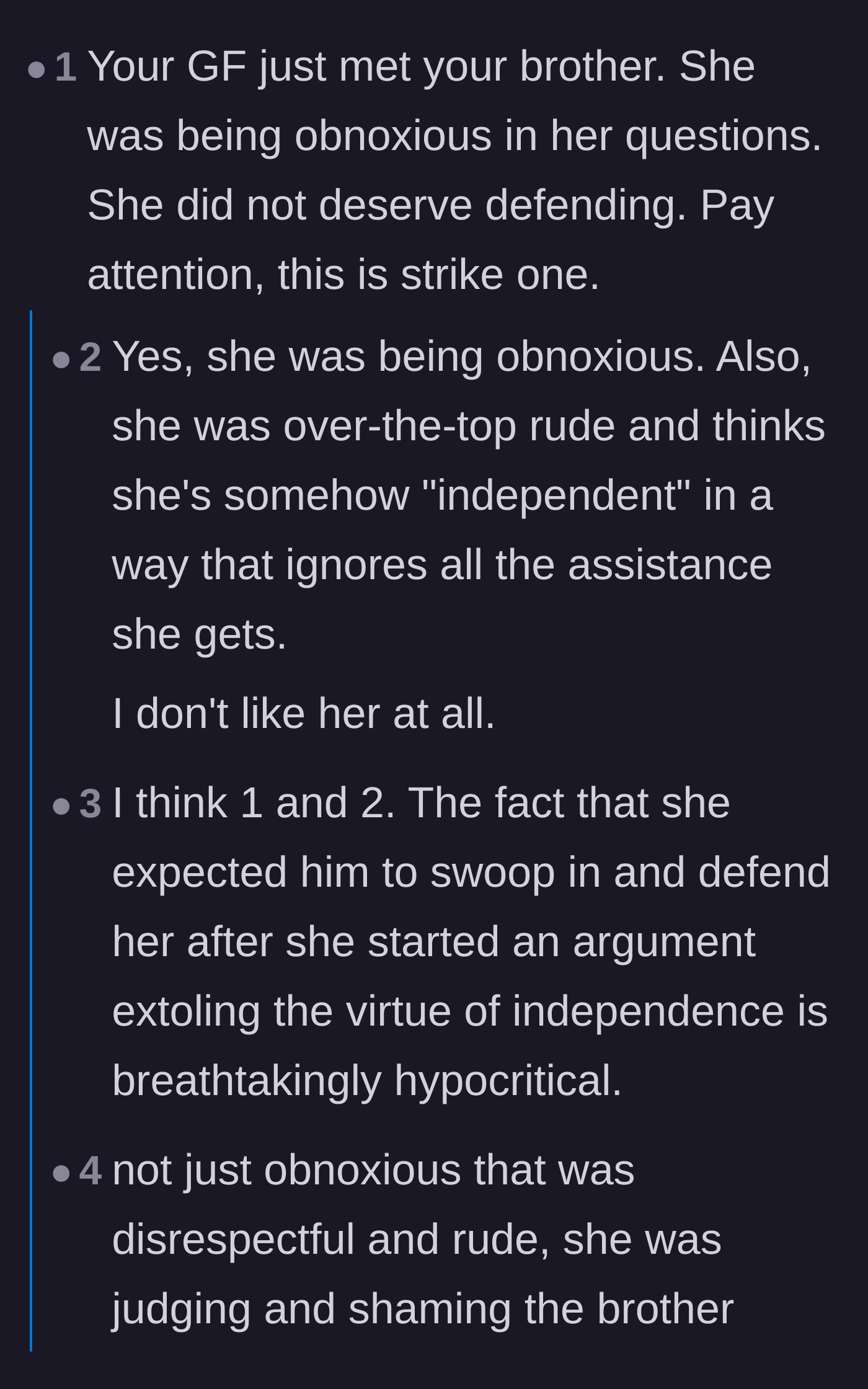 Comment thread 3 - Commenters analyzing the girlfriend's flawed definition of independence and noting that humanity thrives on social support systems.
