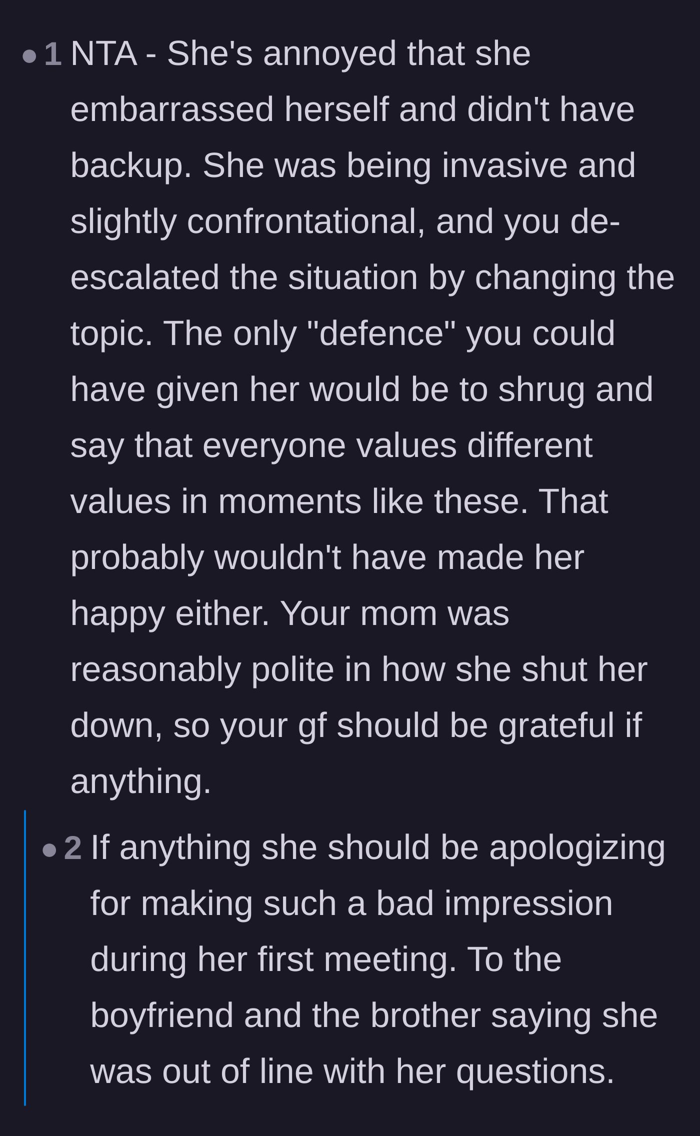 Comment thread 4 - An assessment of the boyfriend's de-escalation tactics and the girlfriend's refusal to take accountability for embarrassing herself.