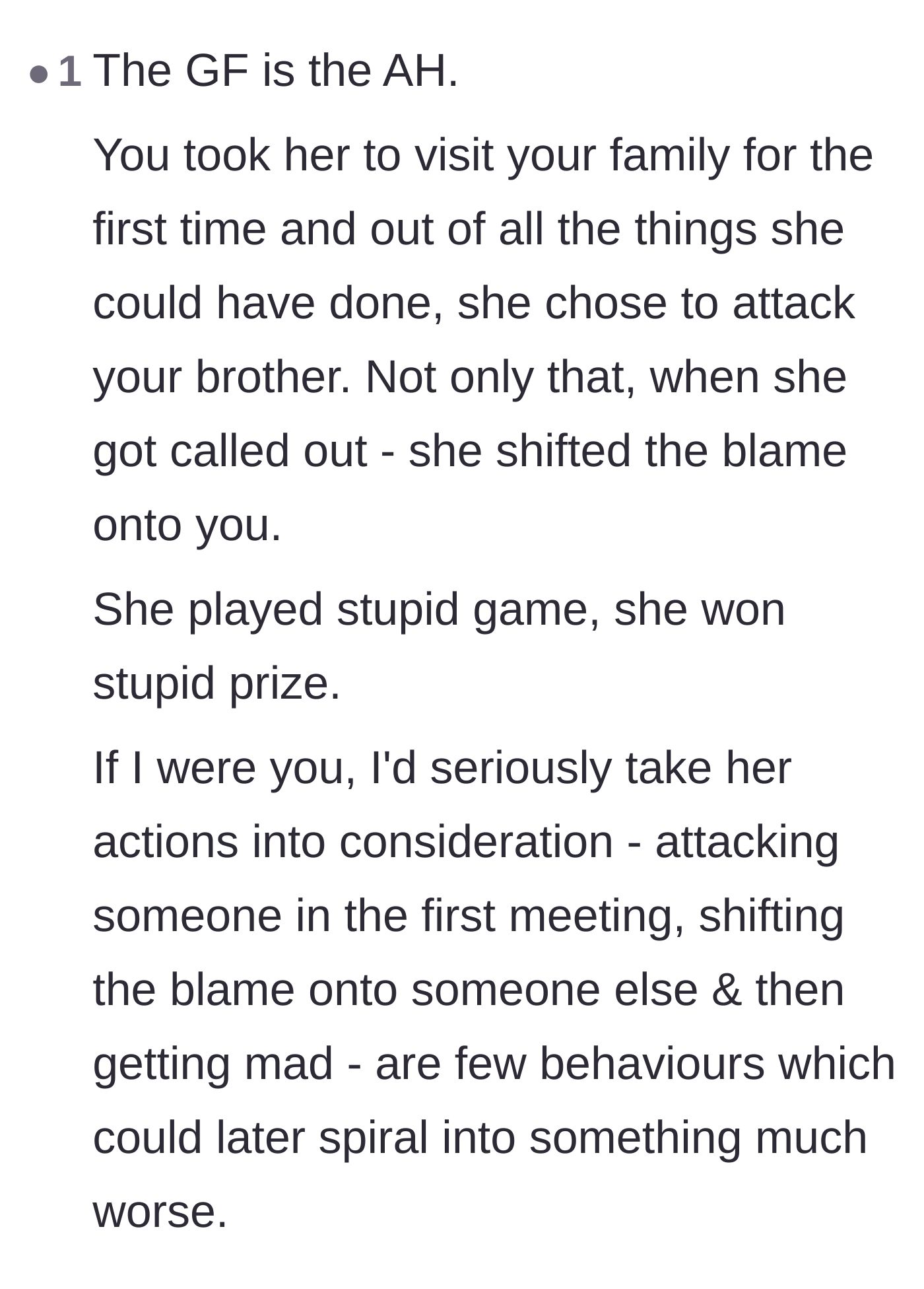 Comment thread 6 - A warning that the girlfriend's combative behavior and subsequent blame-shifting are signs of a much worse behavioral spiral.