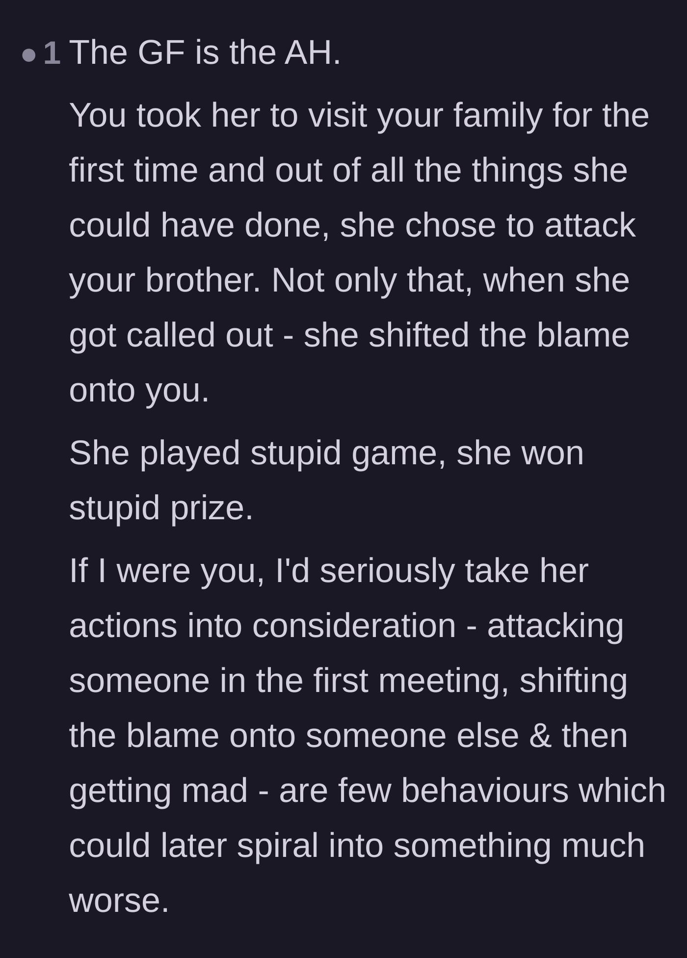 Comment thread 6 - A warning that the girlfriend's combative behavior and subsequent blame-shifting are signs of a much worse behavioral spiral.