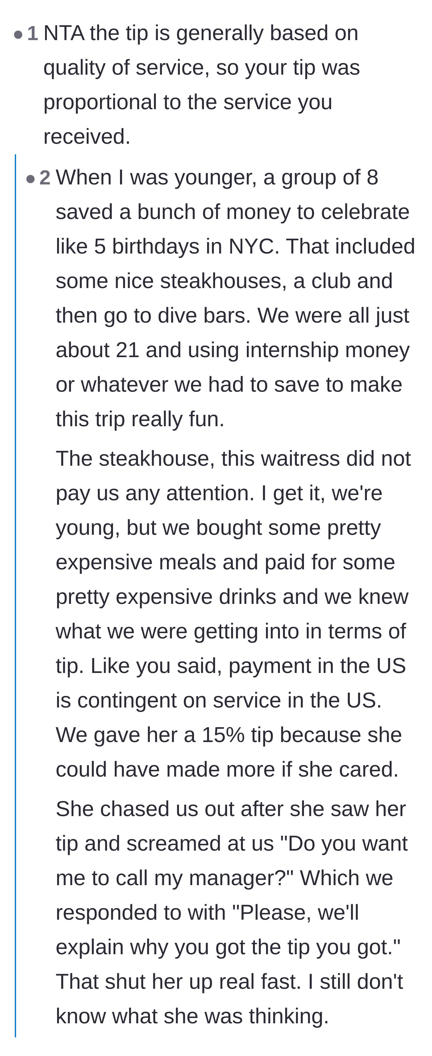 Comment thread 1 - A debate on how tipping is proportional to service, featuring a story of an entitled server demanding a manager over a 15% tip.
