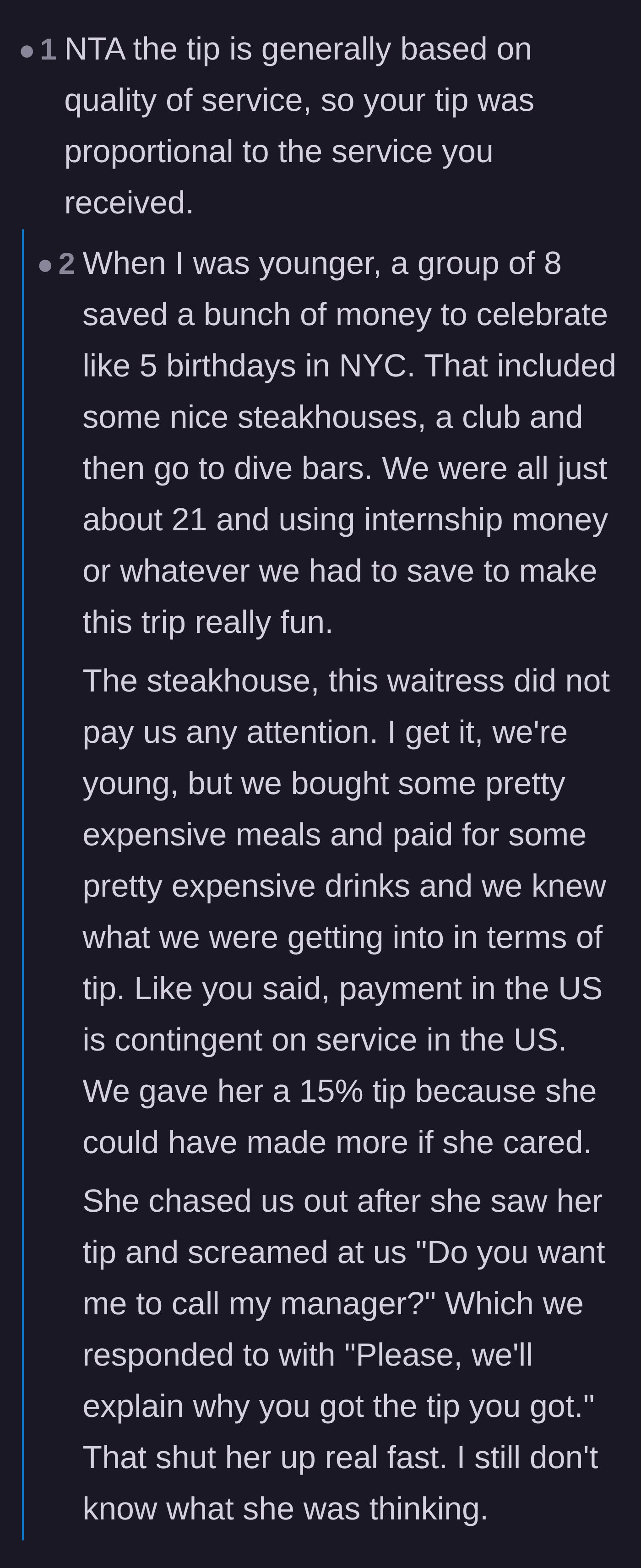 Comment thread 1 - A debate on how tipping is proportional to service, featuring a story of an entitled server demanding a manager over a 15% tip.