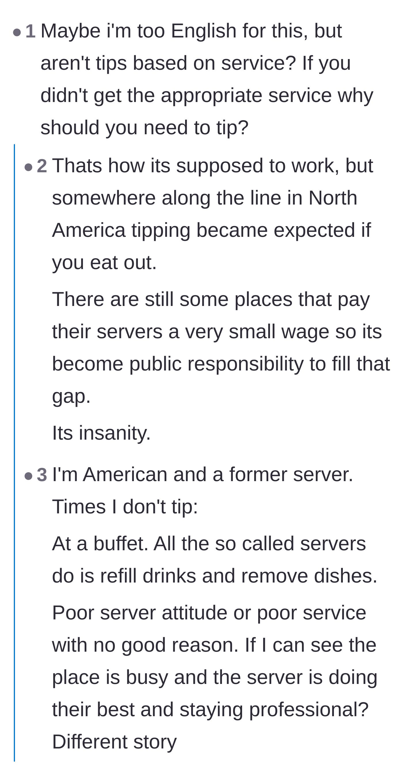 Comment thread 2 - International readers questioning American tipping culture and debating the reality of server minimum wages.