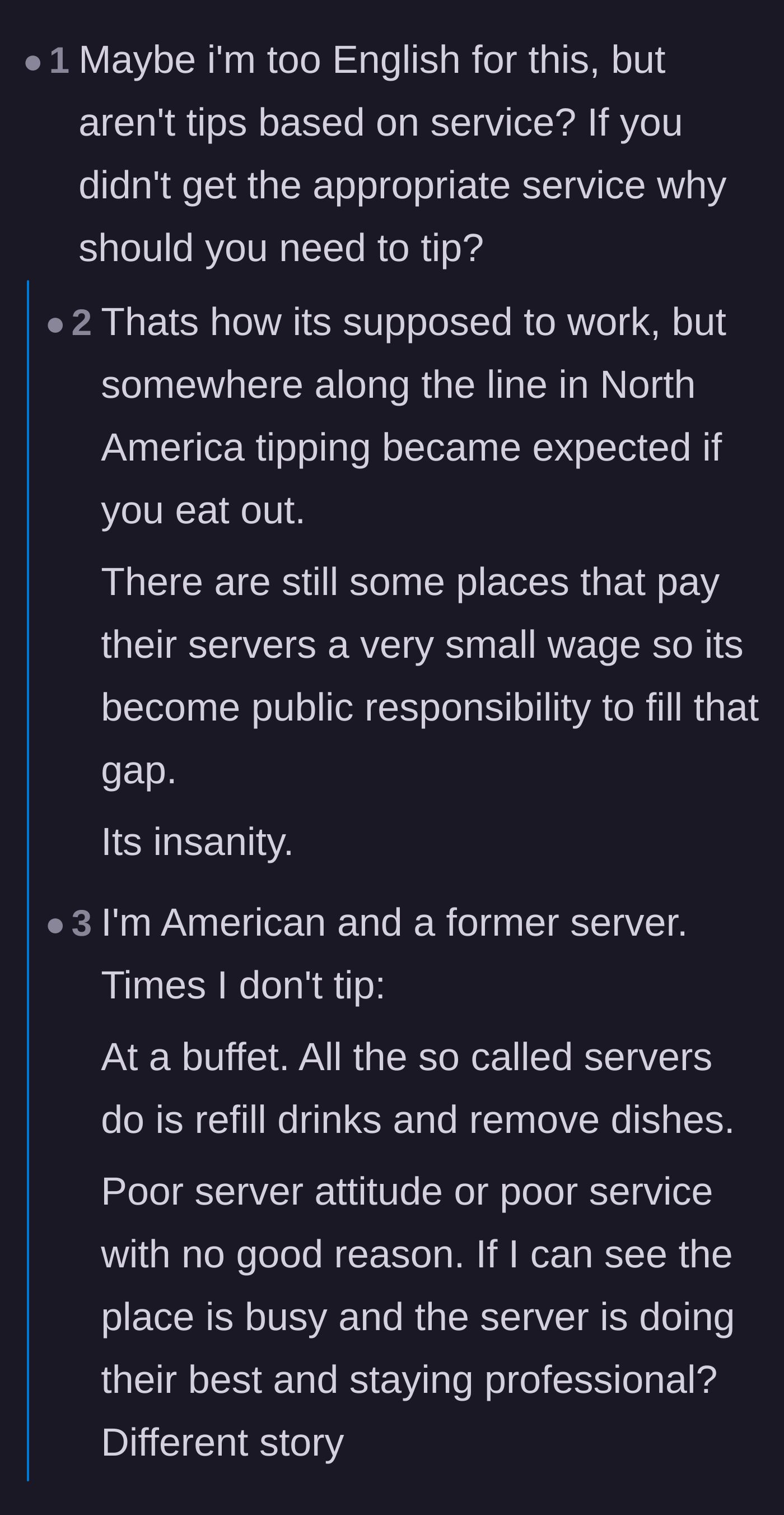 Comment thread 2 - International readers questioning American tipping culture and debating the reality of server minimum wages.