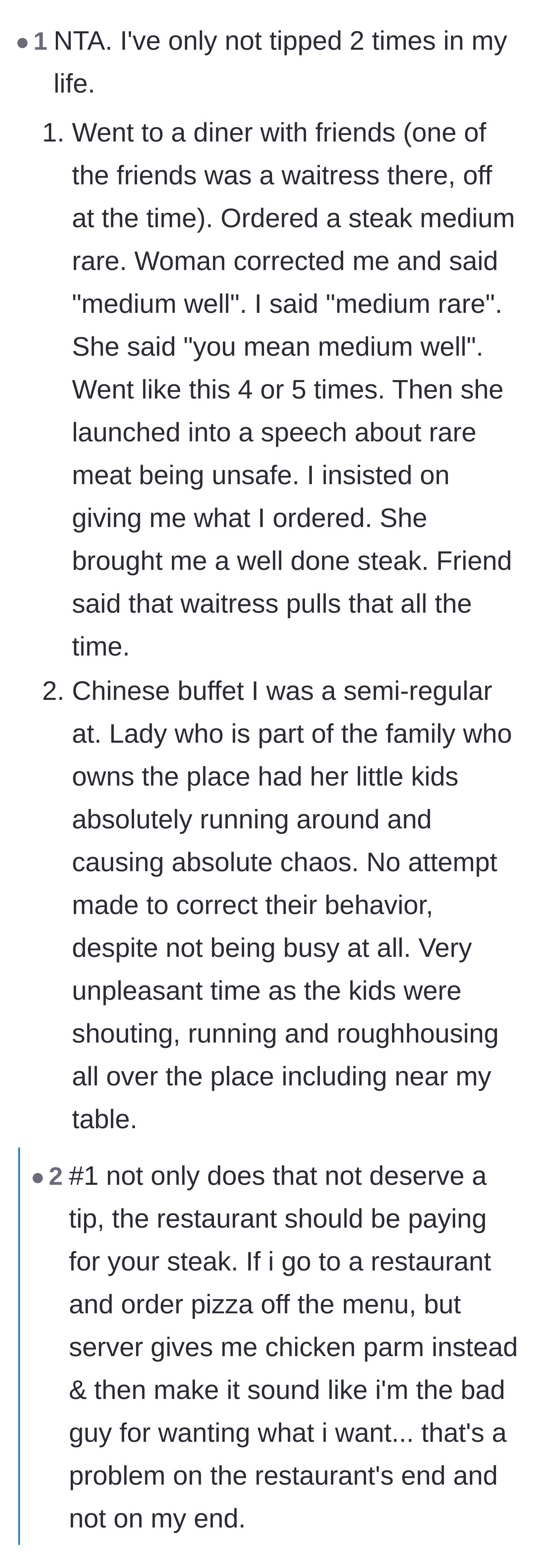 Comment thread 3 - A commenter shares a horror story of a server who refused to take a medium-rare steak order and brought it well-done instead.