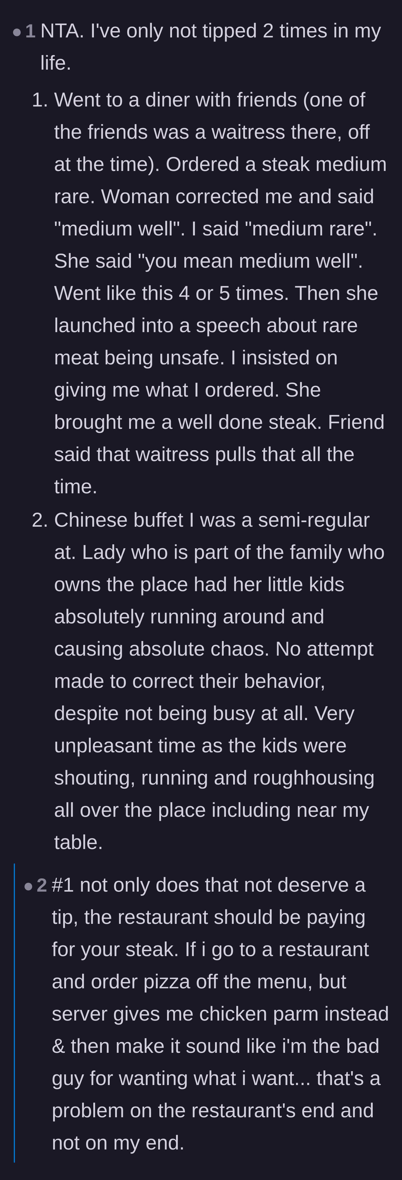 Comment thread 3 - A commenter shares a horror story of a server who refused to take a medium-rare steak order and brought it well-done instead.