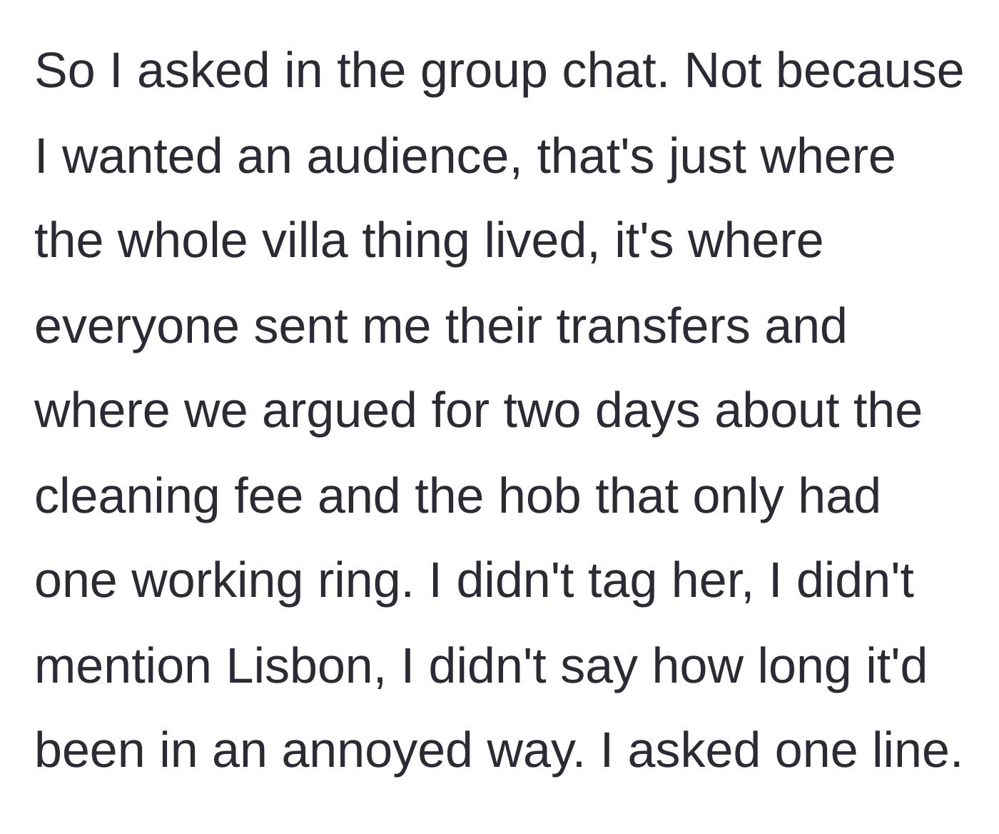 Story part 5 - The author asks for the money in the main group chat where the trip was originally planned.