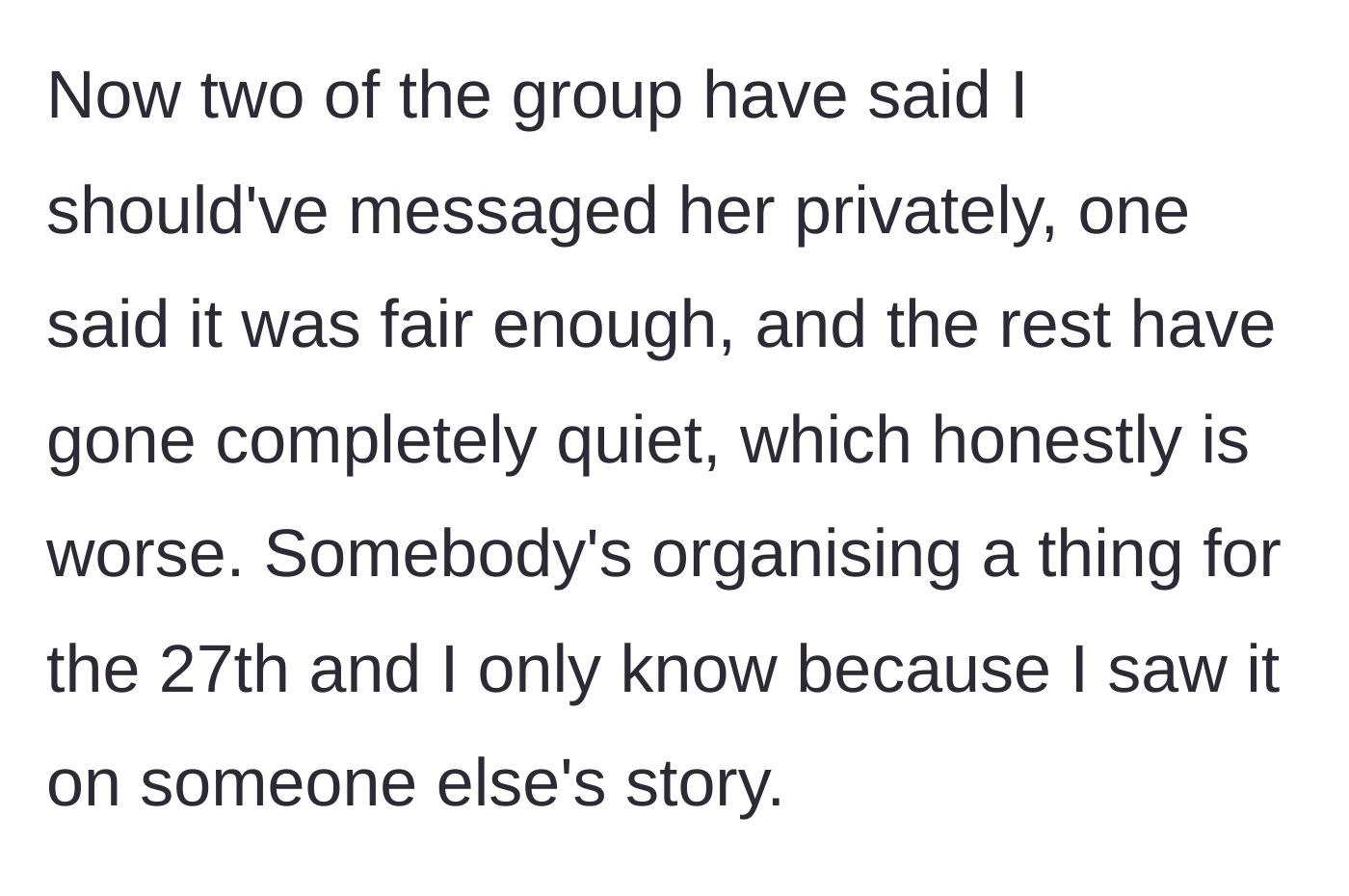 Story part 7 - The friend group takes the debtor's side and excludes the author from a new event.