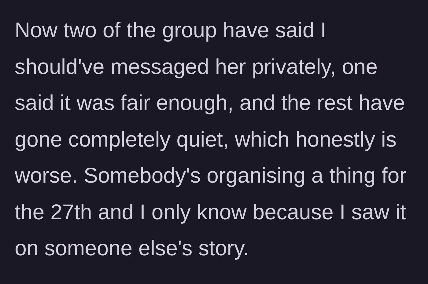 Story part 7 - The friend group takes the debtor's side and excludes the author from a new event.