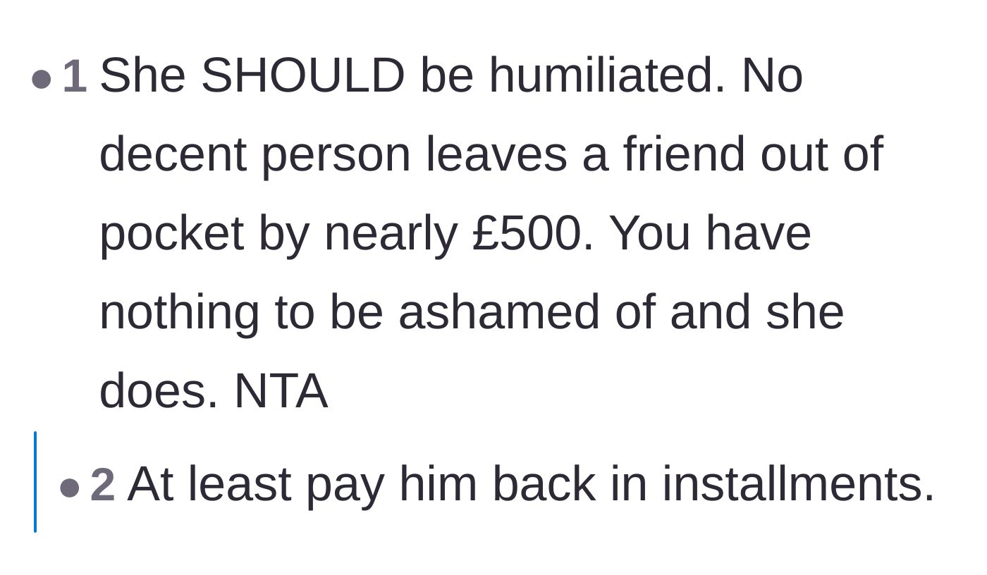 Comment thread 2 - A user arguing that feeling embarrassed is the appropriate and deserved response to owing someone £500 for months.