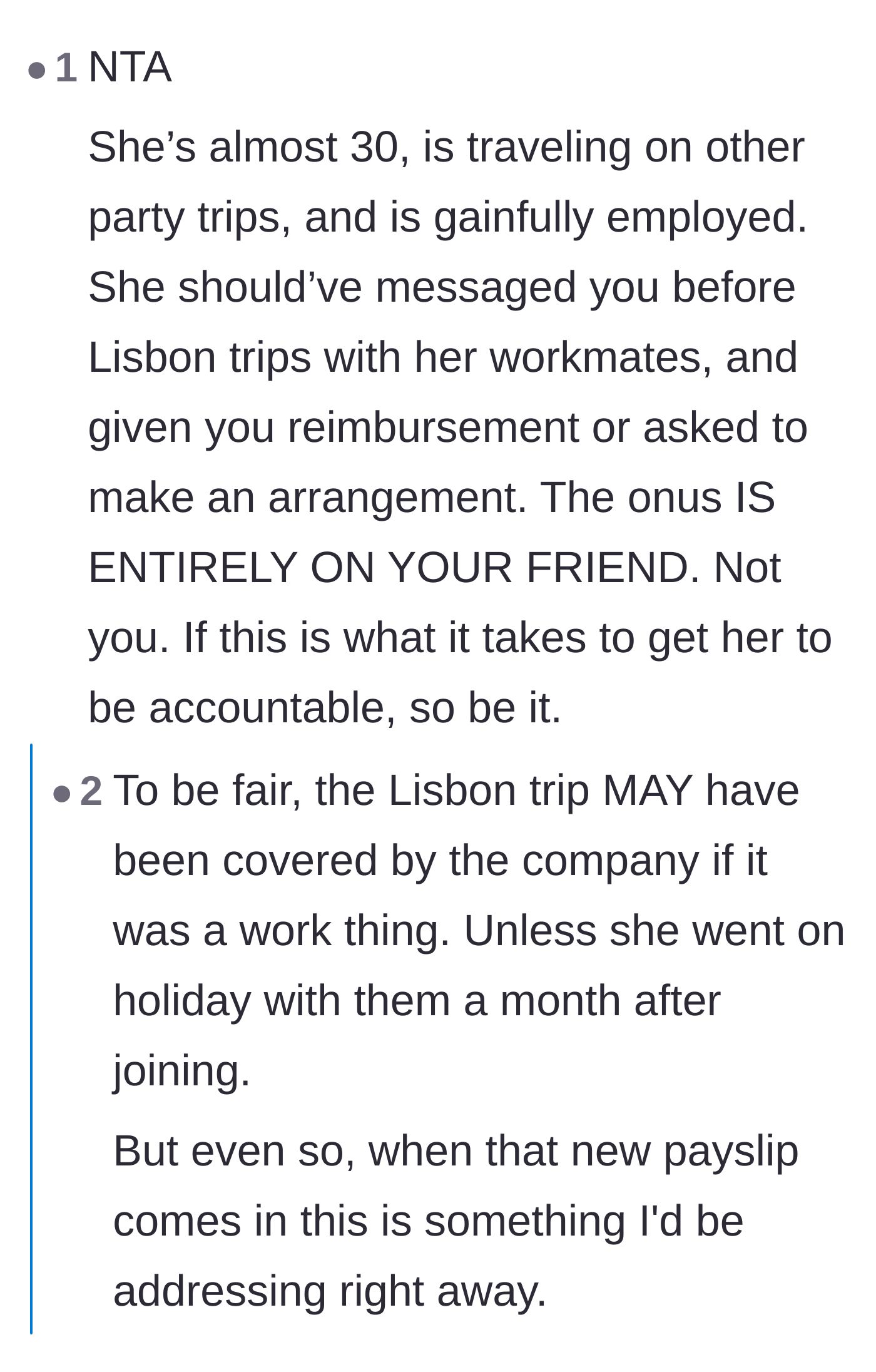Comment thread 4 - Commentary highlighting the friend's age, employment status, and the sheer audacity to take another trip to Lisbon.