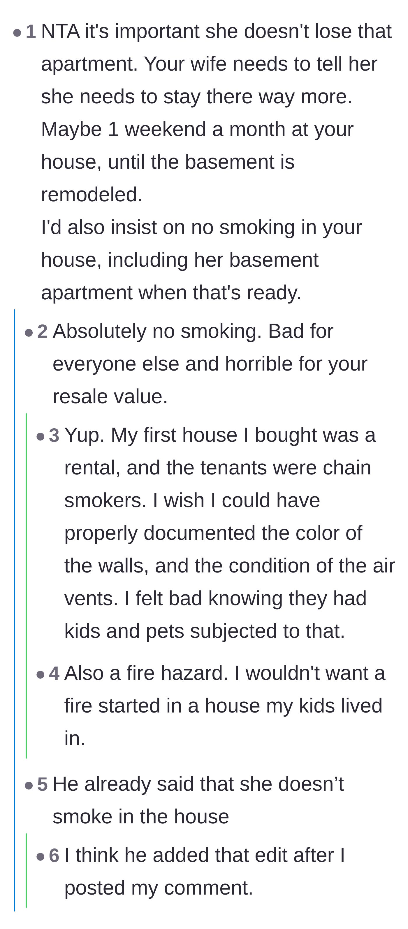 Comment thread 2 - A discussion about the severe damage smoking does to a home's resale value and why the mother-in-law must keep her subsidized apartment.