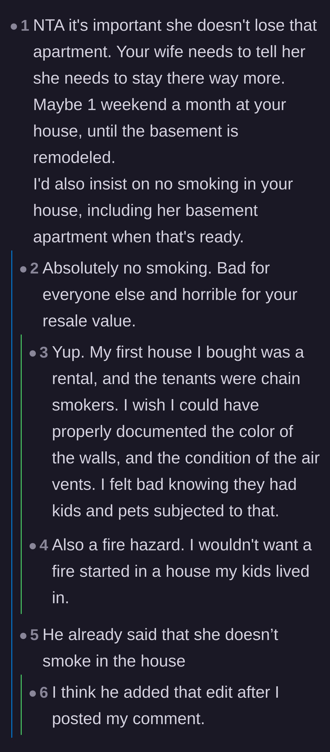 Comment thread 2 - A discussion about the severe damage smoking does to a home's resale value and why the mother-in-law must keep her subsidized apartment.
